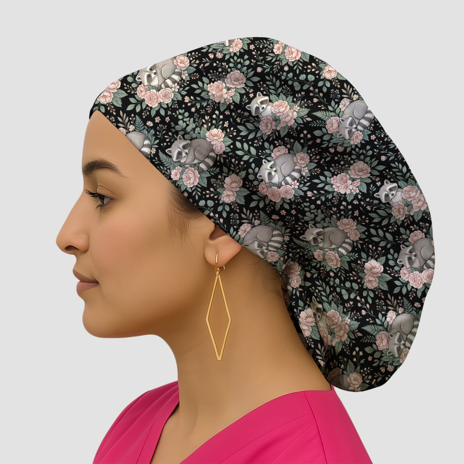 Sleeping Raccoon Rose Garden Pattern Cap, Bouffant Scrub Caps for Women