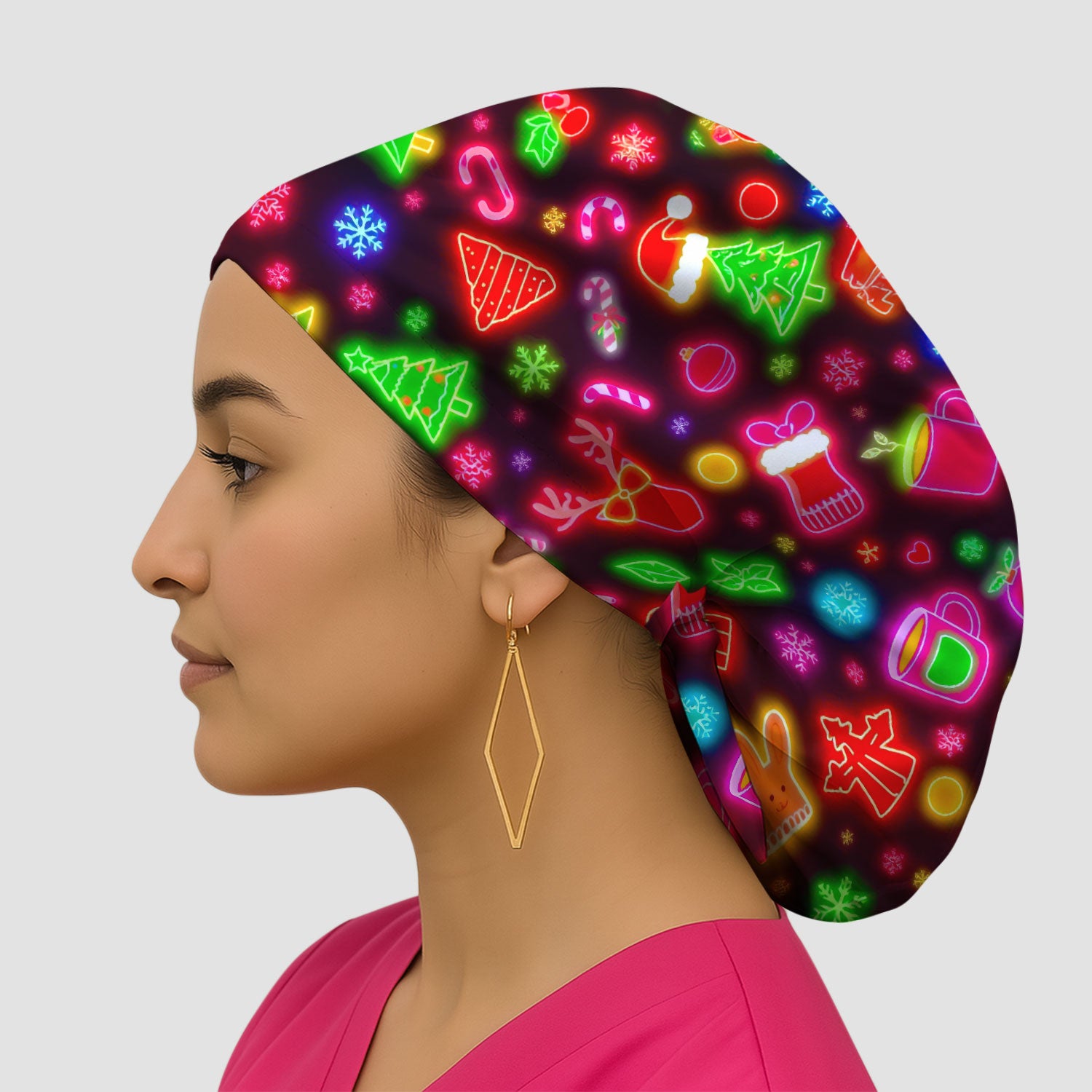 Reindeer Neon Xmas Scrub Cap, Christmas Pattern Scrub Hat,  Breathable Fabrics Nursing Uniform