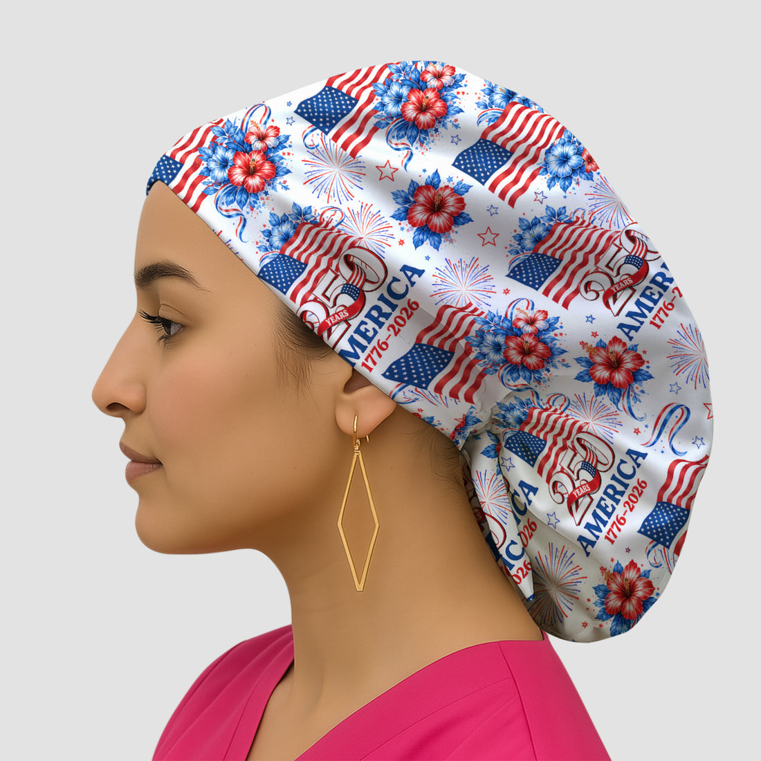 America 250 with Flag Firework Pattern Scrub Cap, Surgical Caps for Doctors