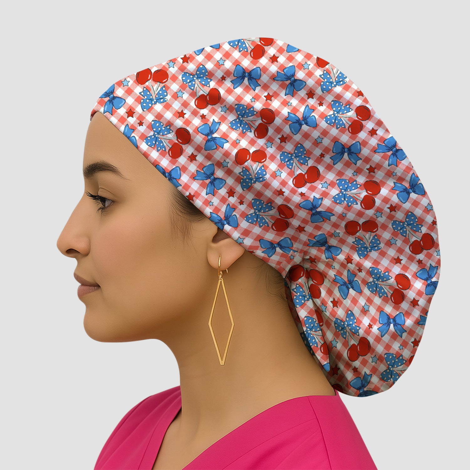 Cute Patriotic Cherry Bow Checkered Pattern Scrub Cap, Surgical Caps for Doctors