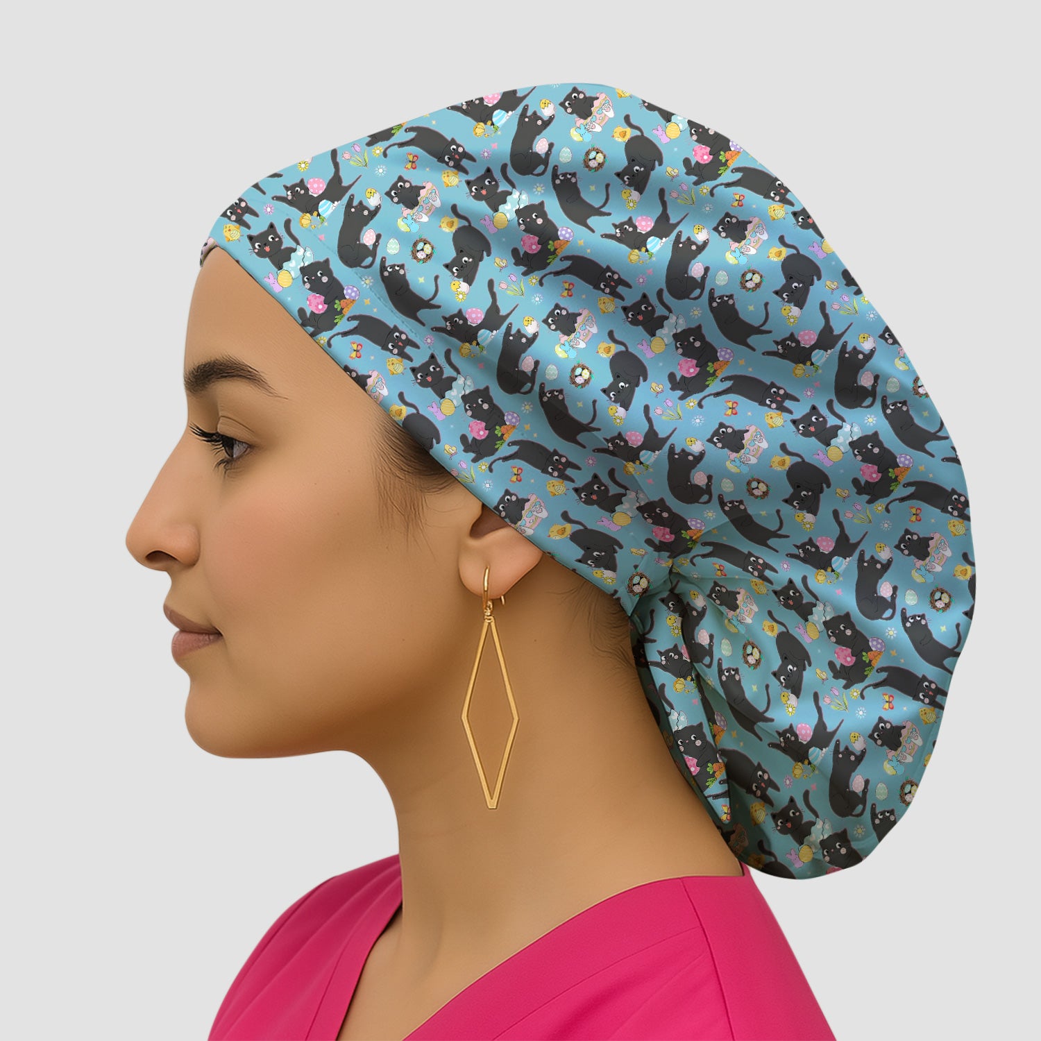 Playful Black Cat Easter Egg Pattern Cap, Bouffant Scrub Caps for Women