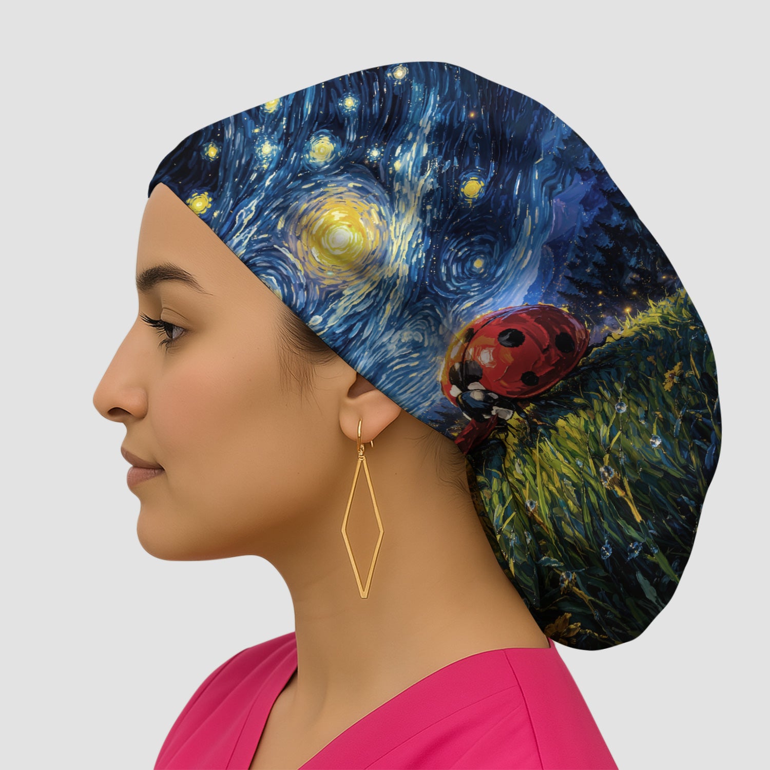 Swirl Night Sky Ladybug Landscape Art Print Scrub Cap, Bouffant Scrub Caps for Women