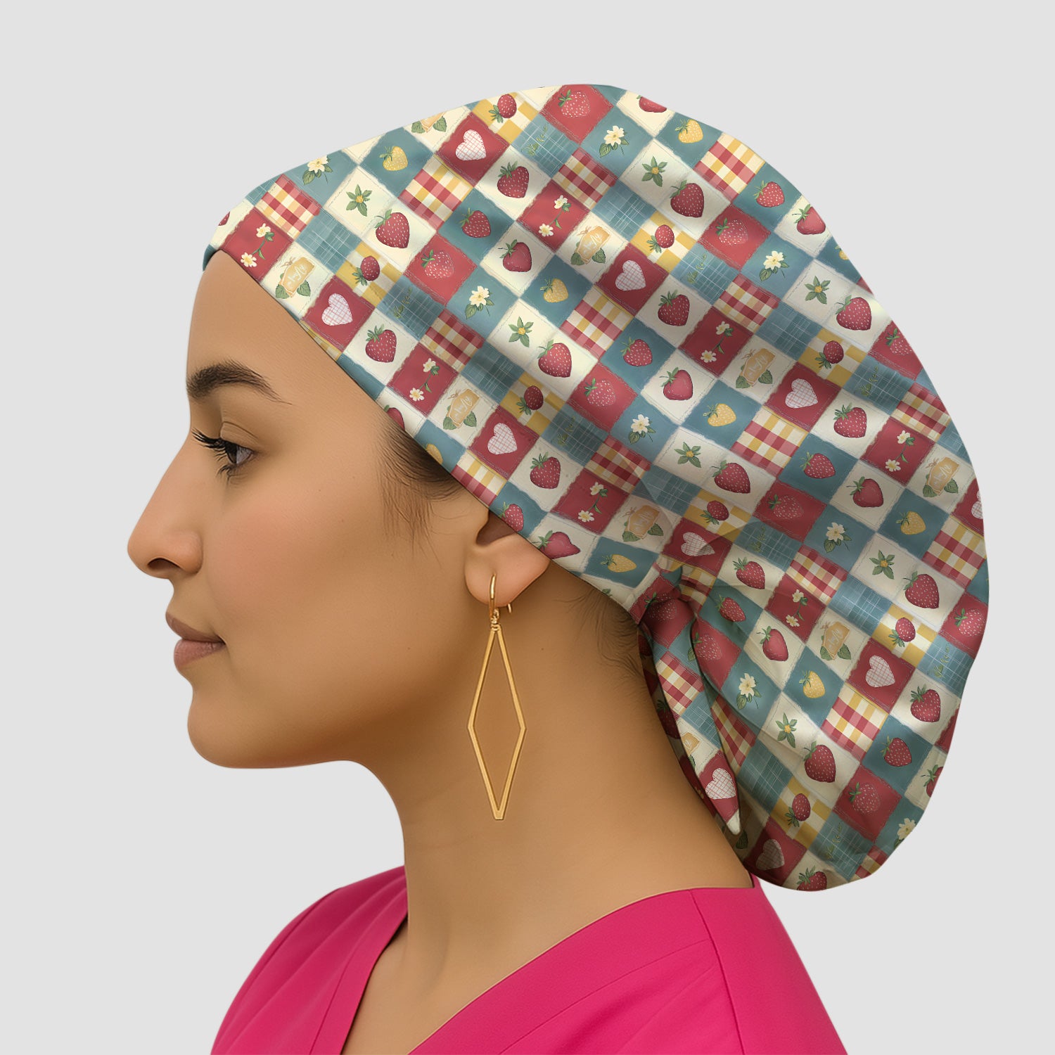 Cute Strawberry Floral Patchwork Pattern Caps, Bouffant Scrub Caps for Women
