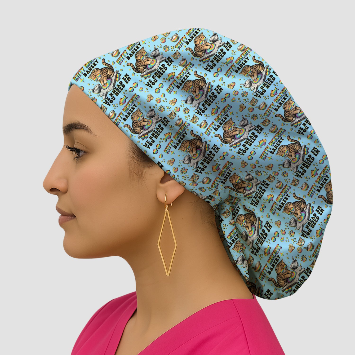 Pride Nurse Cat Baking Rainbow Dough Pattern Cap, Bouffant Scrub Caps for Women