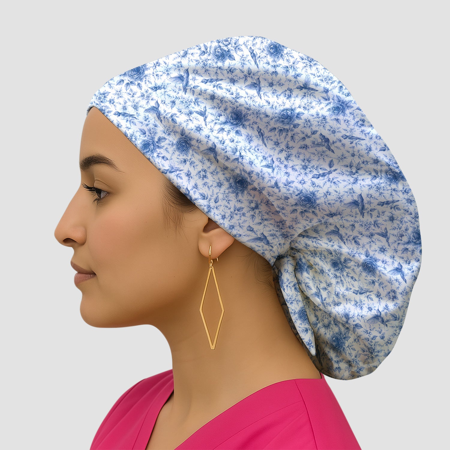 Blue Floral Hummingbird Toile Pattern Scrub Cap, Surgical Caps for Doctors