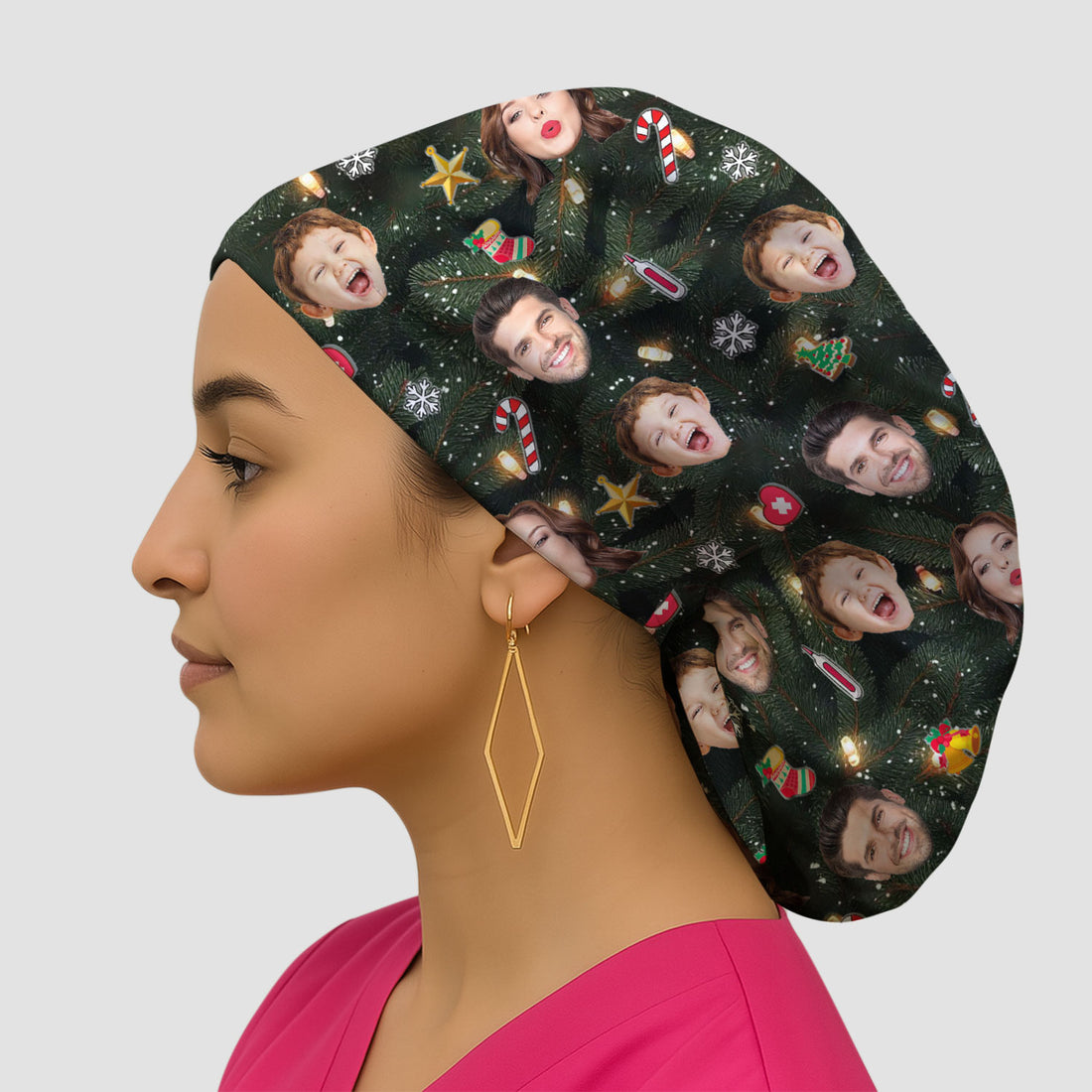 Personalized Christmas Photo Scrub Cap, Funny Xmas Custom Face Scrub Hat, Breathable Fabrics Nursing Uniform