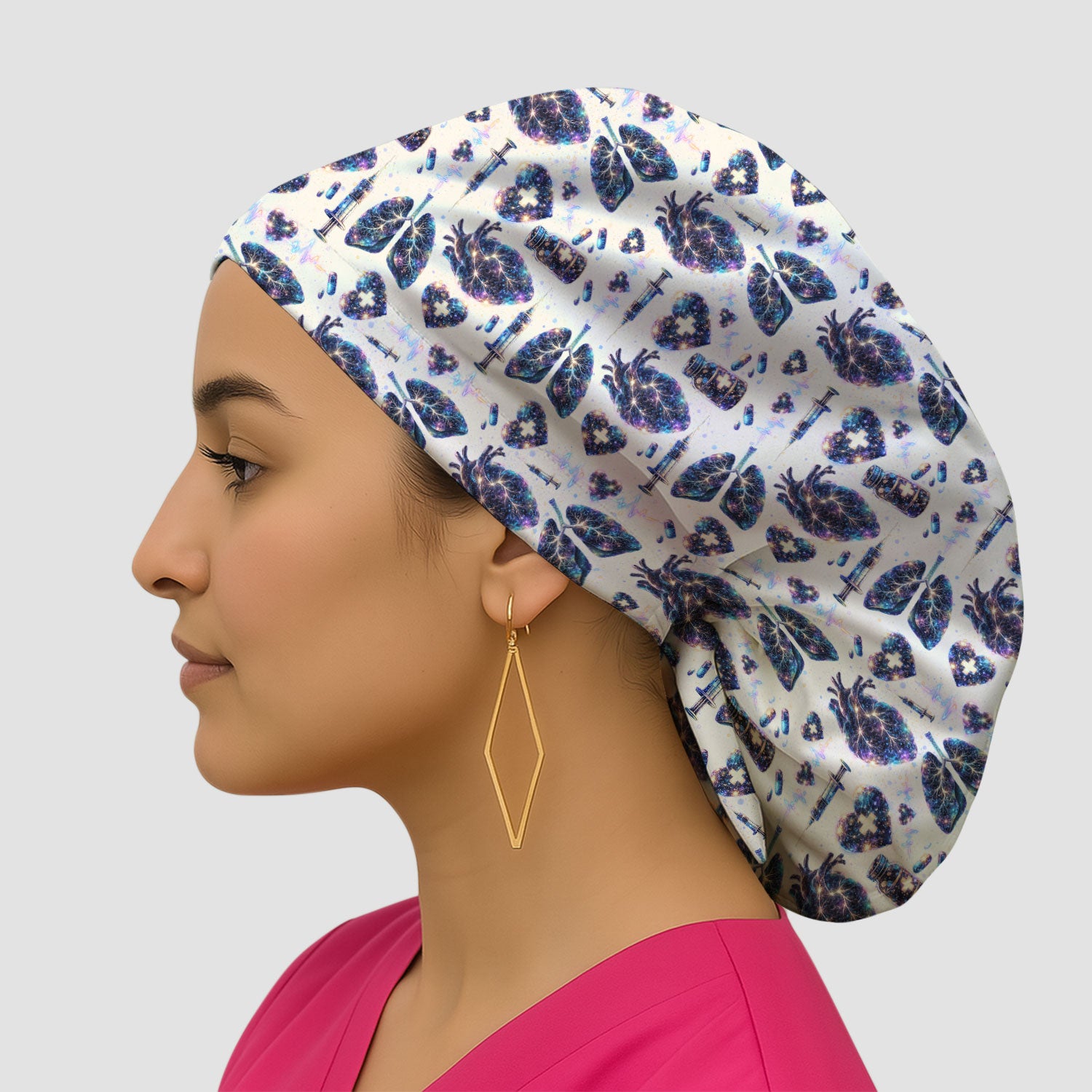 Galaxy Anatomical Heart Lung Syringe Print Cap, Bouffant Scrub Caps for Women