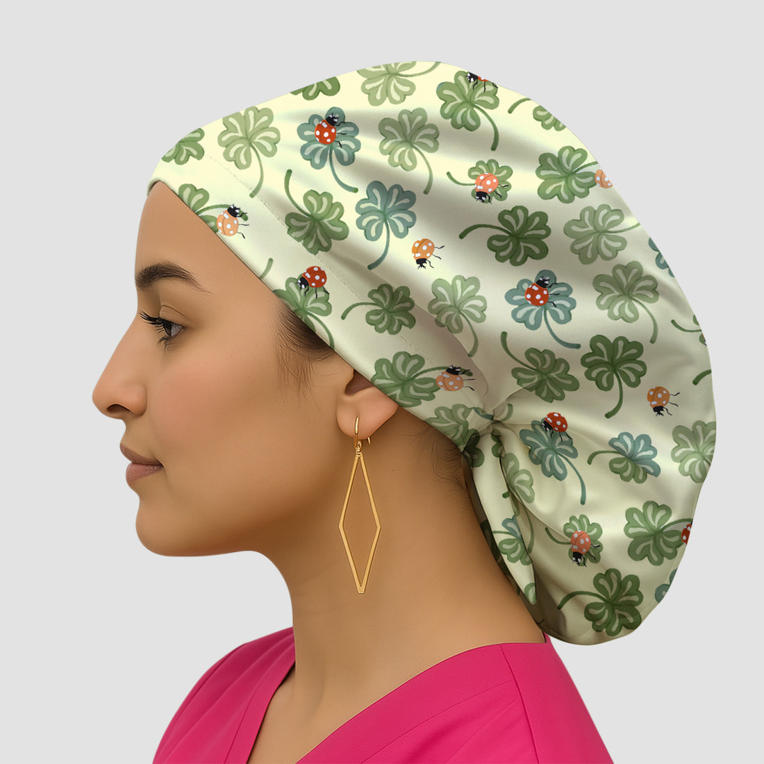 Clover and Ladybug Lucky Garden Pattern Caps, Bouffant Scrub Caps for Women