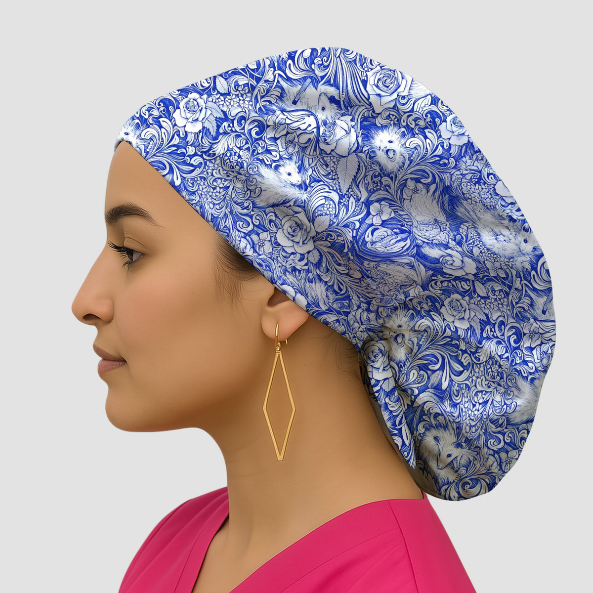 Blue Floral Opossum and Roses Scrub Cap, Surgical Caps for Doctors