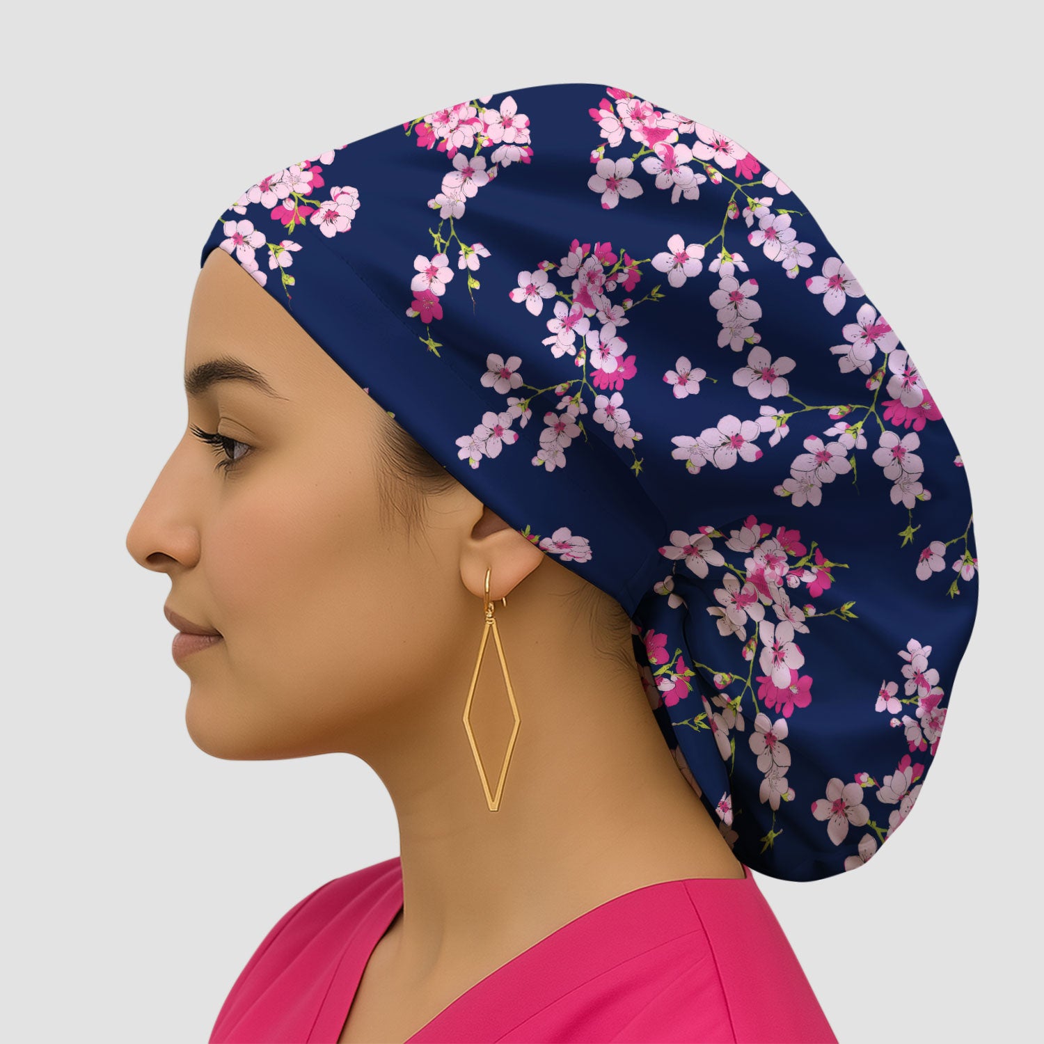 Elegant Cherry Blossom Floral Pattern Bouffant Cap, Scrub Caps for Women