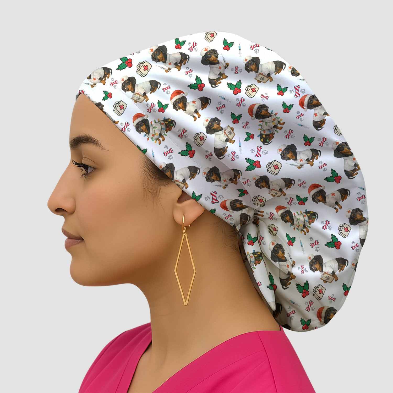 Custom Christmas Nurse Scrub Cap - Dachshund Dog Surgical Hat Multi Color - Funny Holiday Bouffant Cap for Women Nurses
