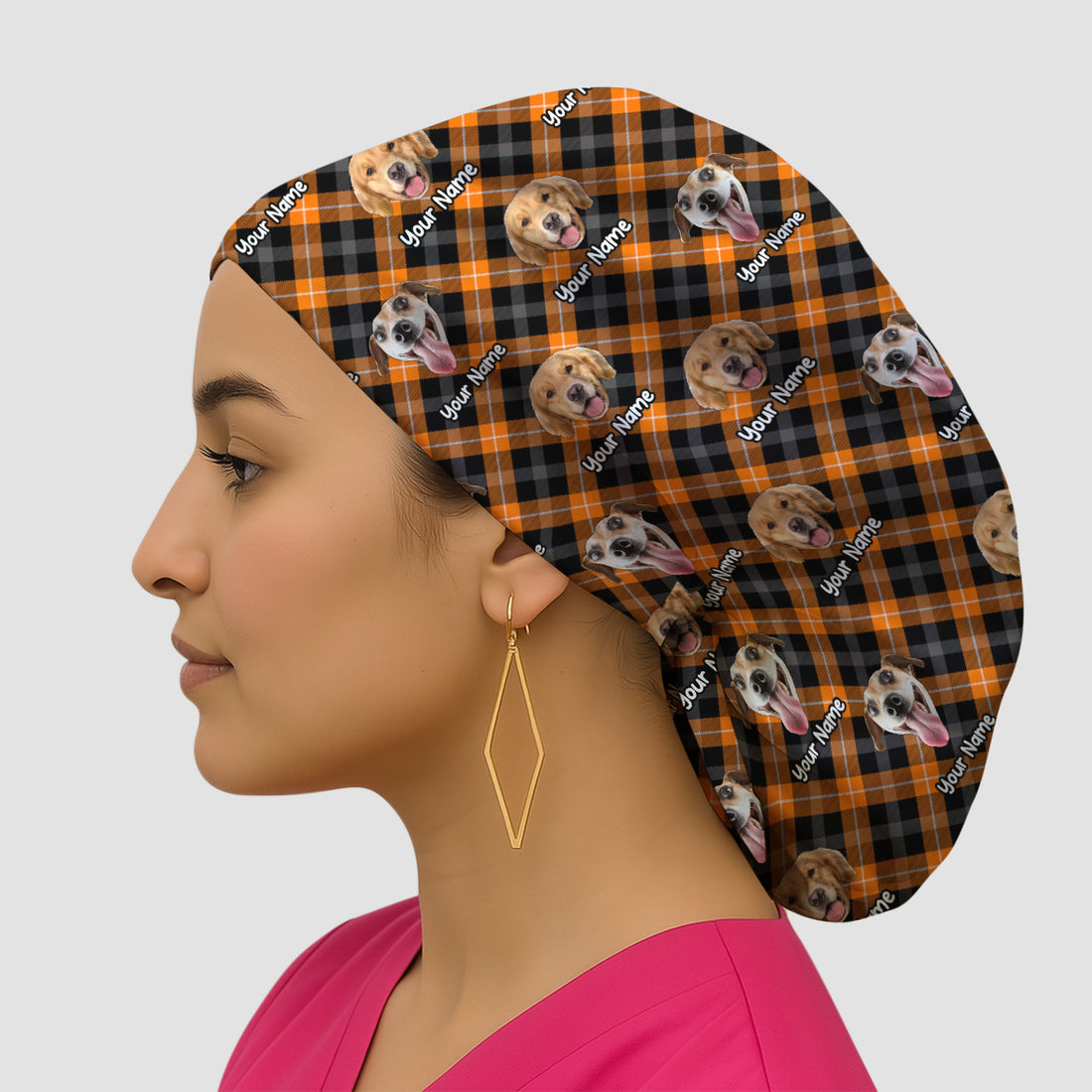 Personalized Halloween Dog Photo Plaid Scrub Cap, Surgical Caps for Doctors
