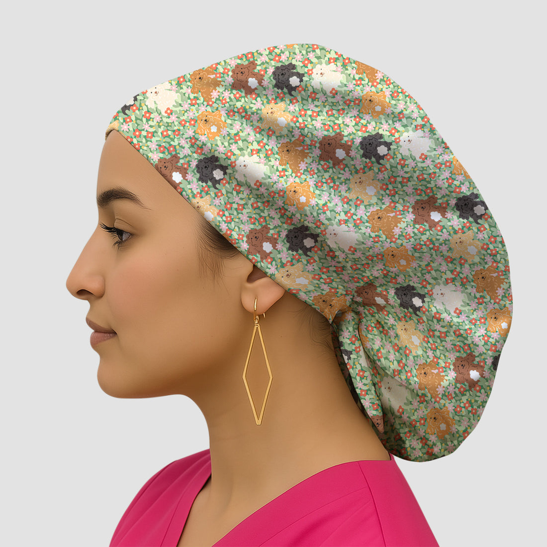 Cute Poodle Dogs Floral Pattern Caps, Bouffant Scrub Caps for Women