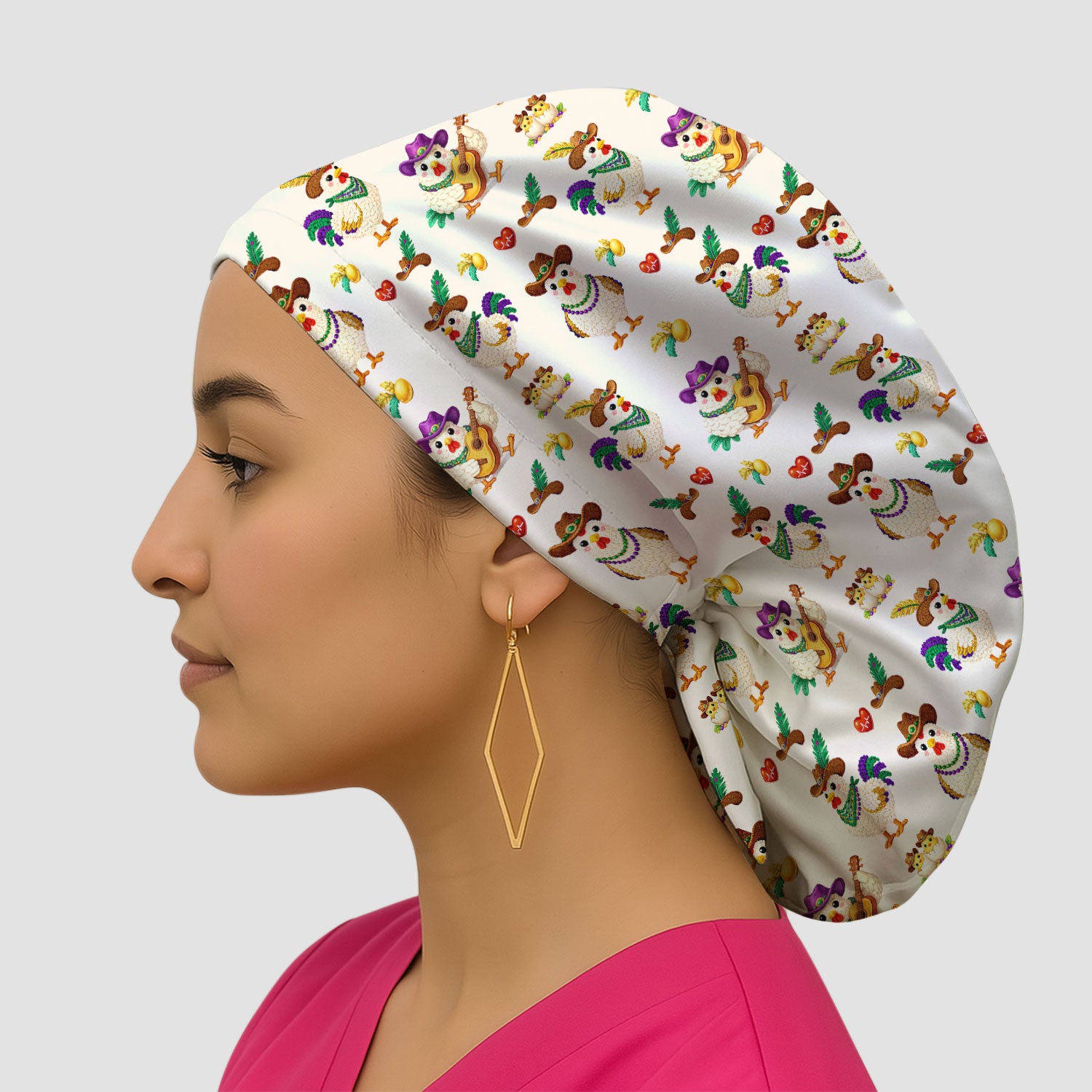 Funny Mardi Gras Rooster Cowboy Print Cap, Bouffant Scrub Caps for Women