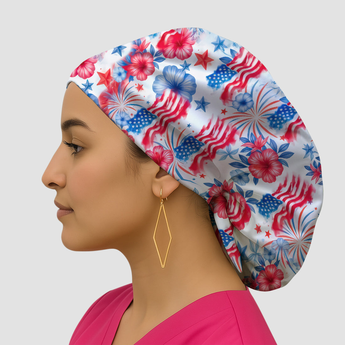 Patriotic American Flag Floral Pattern Nurse Scrub Cap, Surgical Caps for Doctors