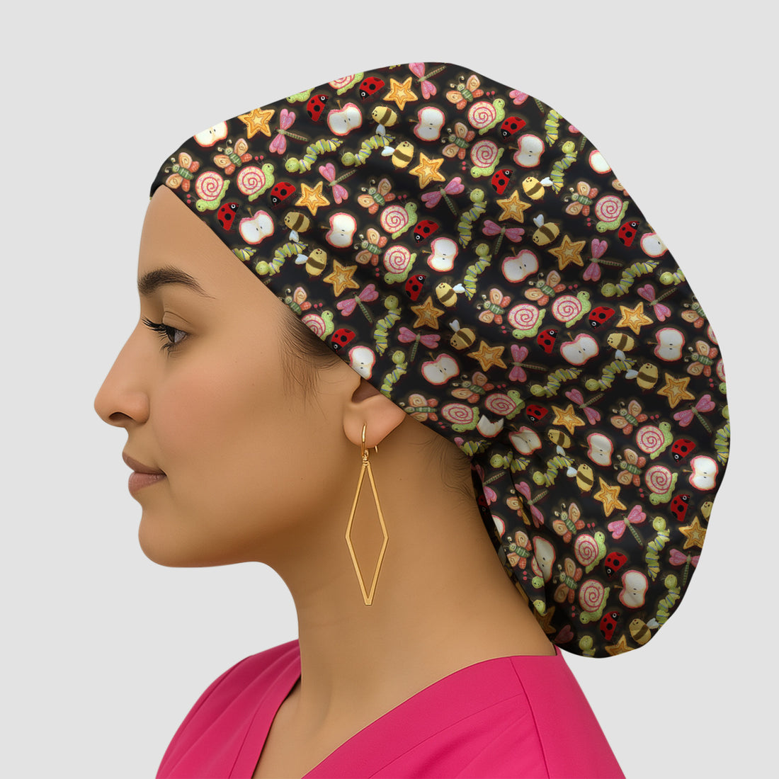 Cute Nurse Snail Ladybug Caterpillar Apple Garden Pattern Scrub Cap, Surgical Caps for Doctors