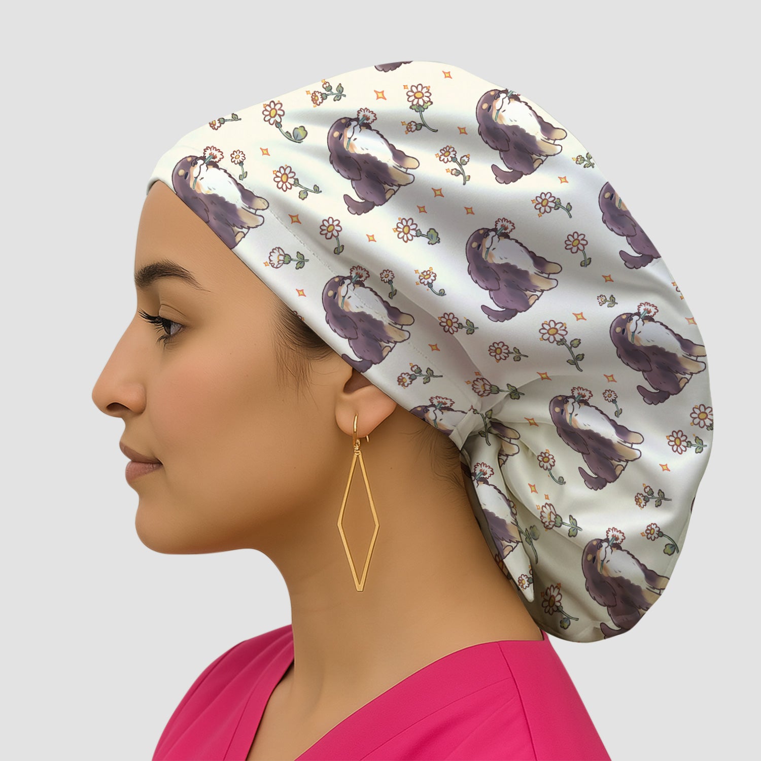 Cute Floral Otter Holding Daisy Pattern Scrub Cap, Surgical Caps for Doctors