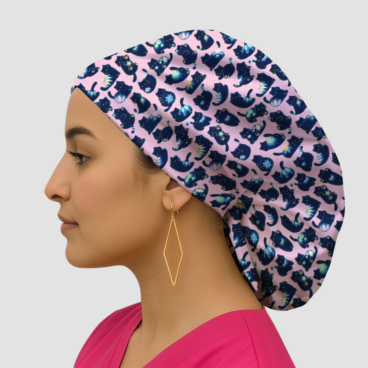 Midnight Cat Scrub Cap, Black Cat Pattern Nurse Hat, Breathable Fabrics Nursing Uniform