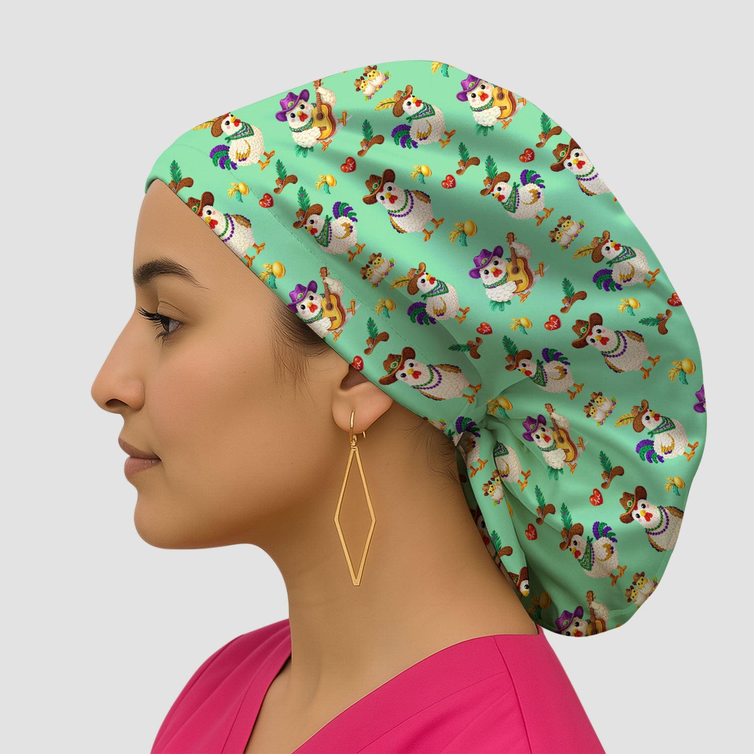 Funny Mardi Gras Rooster Cowboy Print Cap, Bouffant Scrub Caps for Women