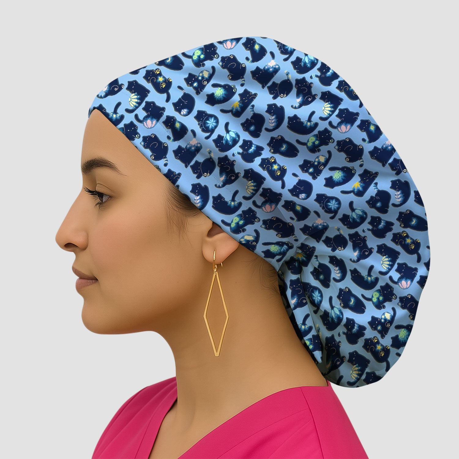 Midnight Cat Scrub Cap, Black Cat Pattern Nurse Hat, Breathable Fabrics Nursing Uniform