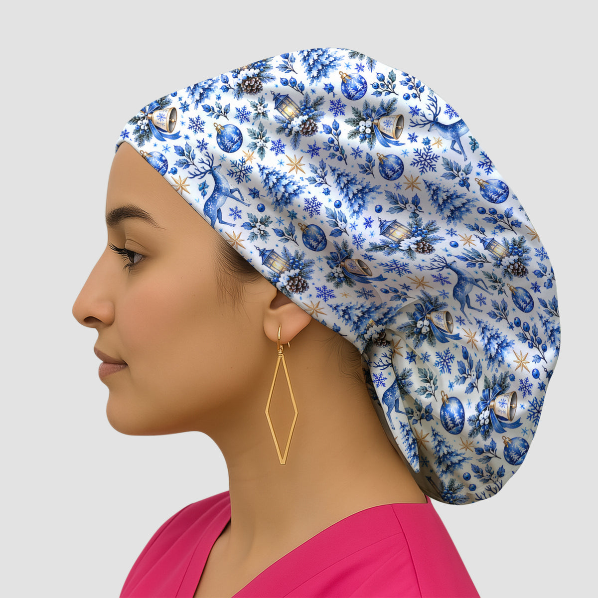 Blue Christmas Reindeer And Winter Trees Scrub Cap, Surgical Caps for Doctors