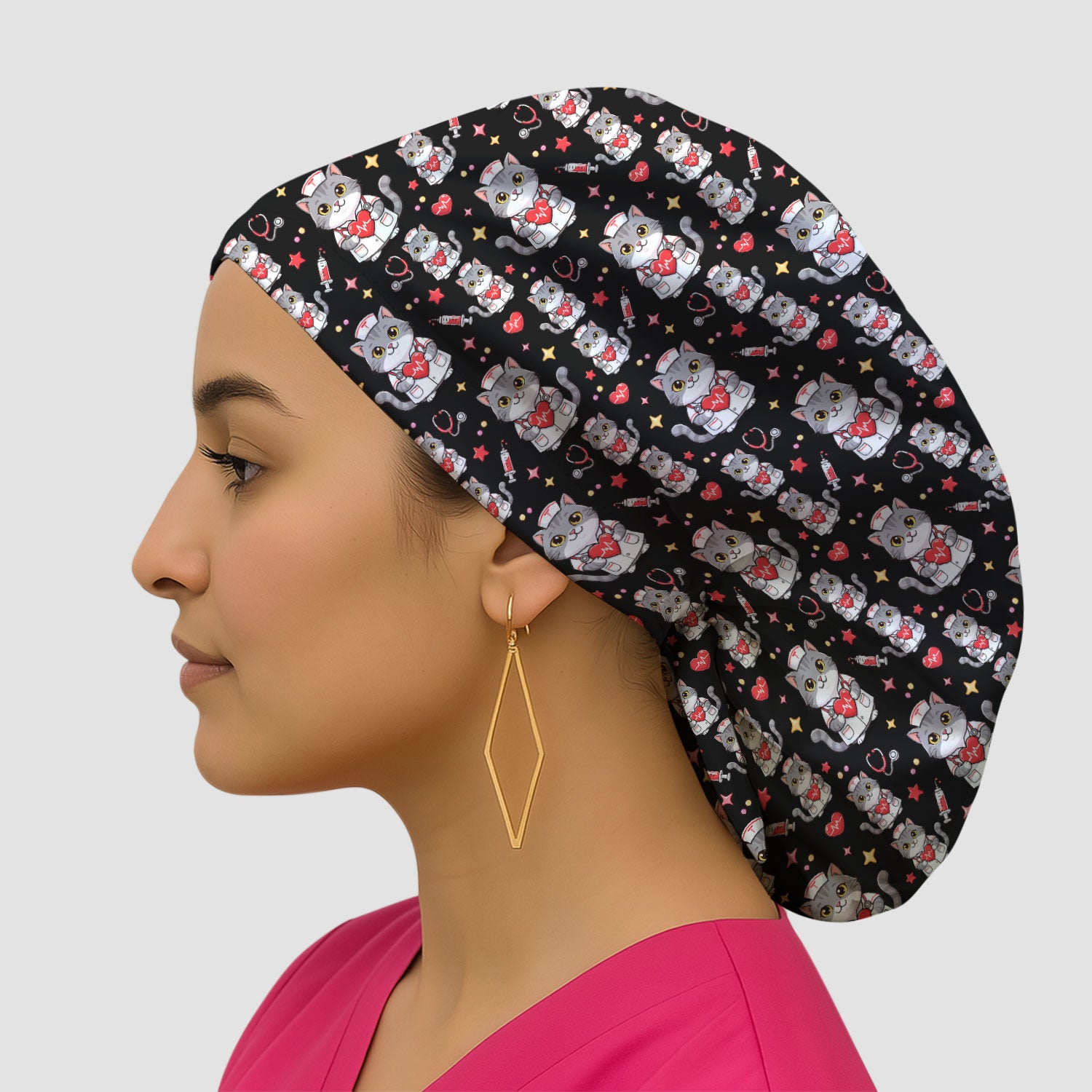 Cute Nurse Cat Heart Medical Print Cap,  Bouffant Scrub Caps for Women