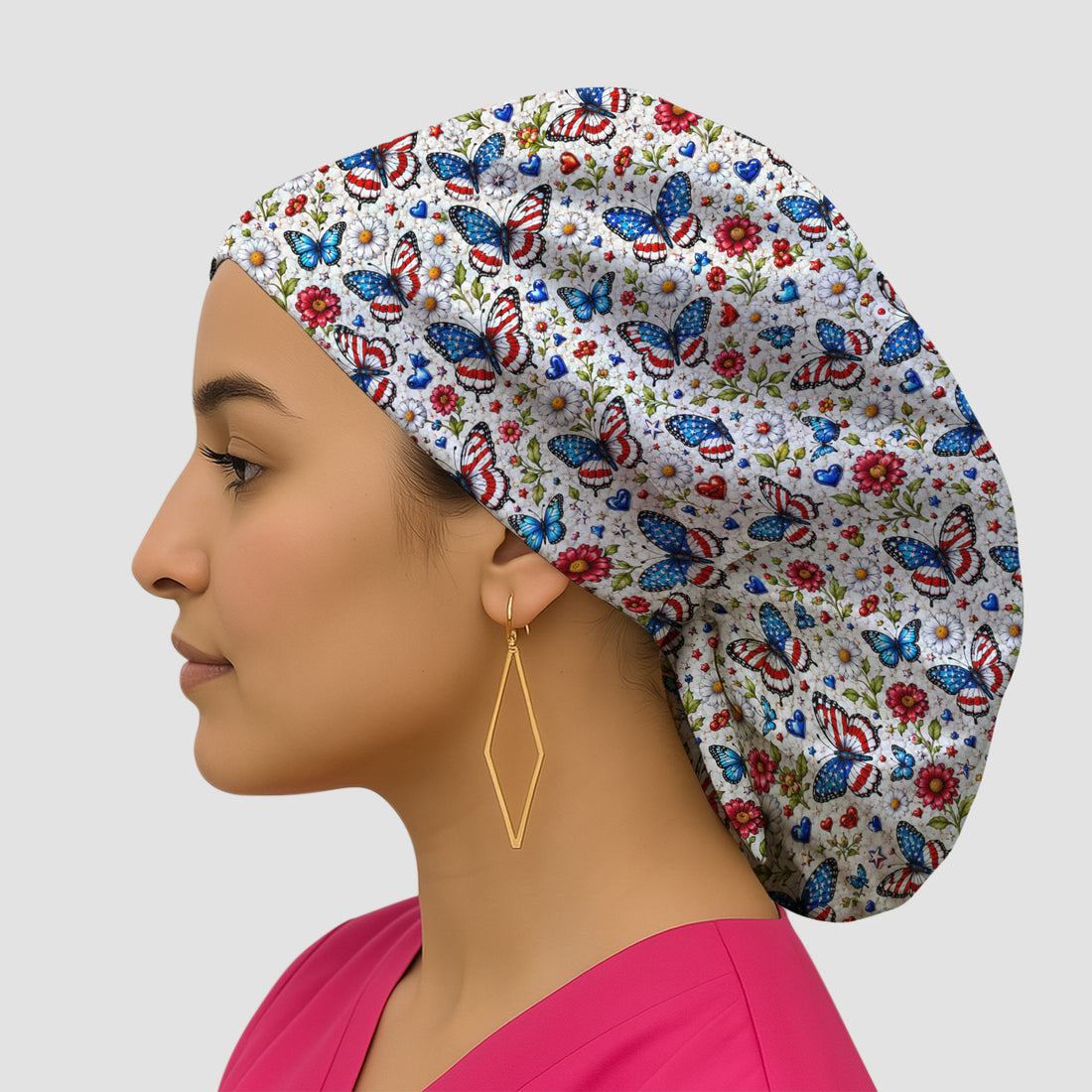 Patriotic Butterfly Daisy Heart Pattern Scrub Cap, Surgical Caps for Doctors