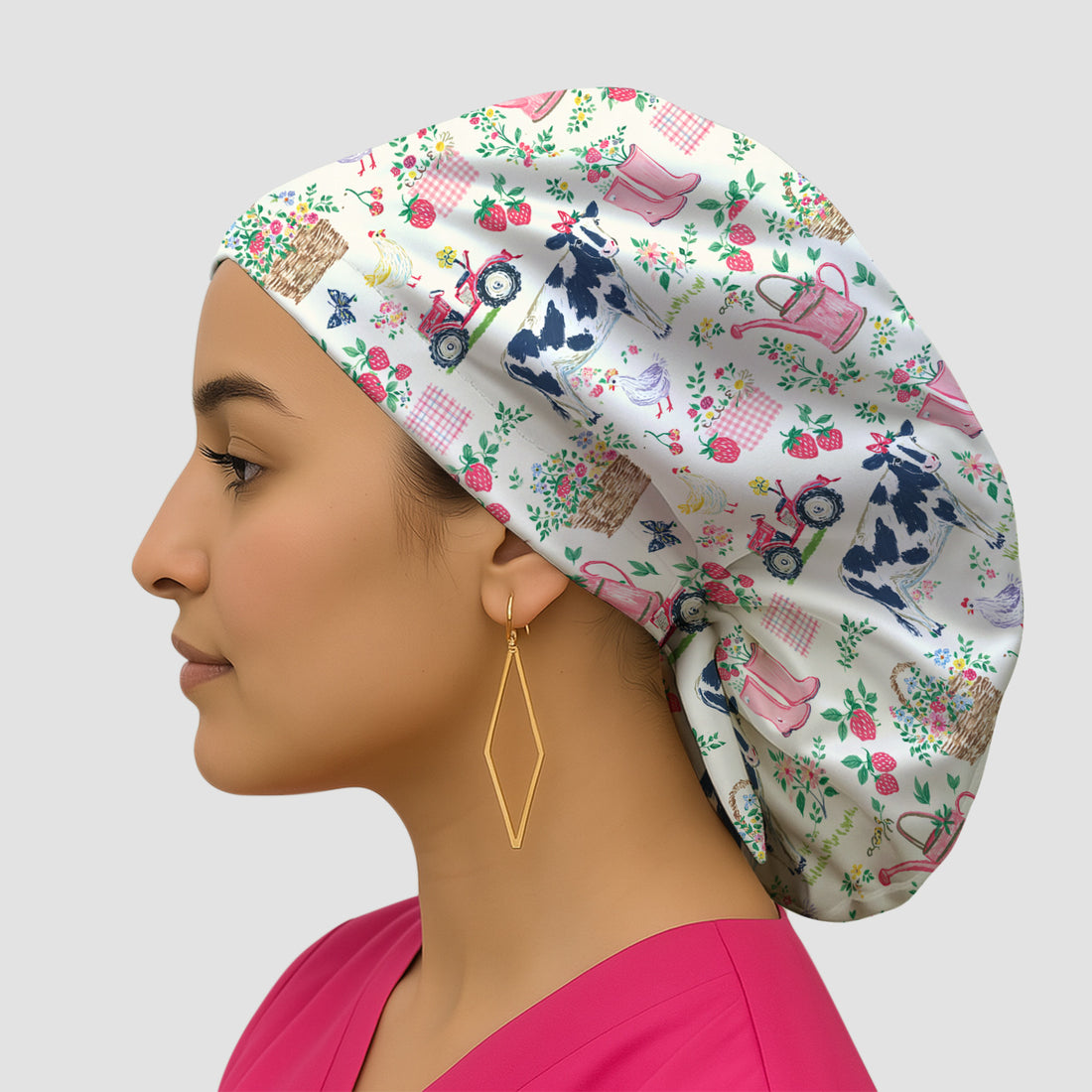 Strawberry Cow Farm Style Scrub Cap, Bouffant Scrub Caps for Women