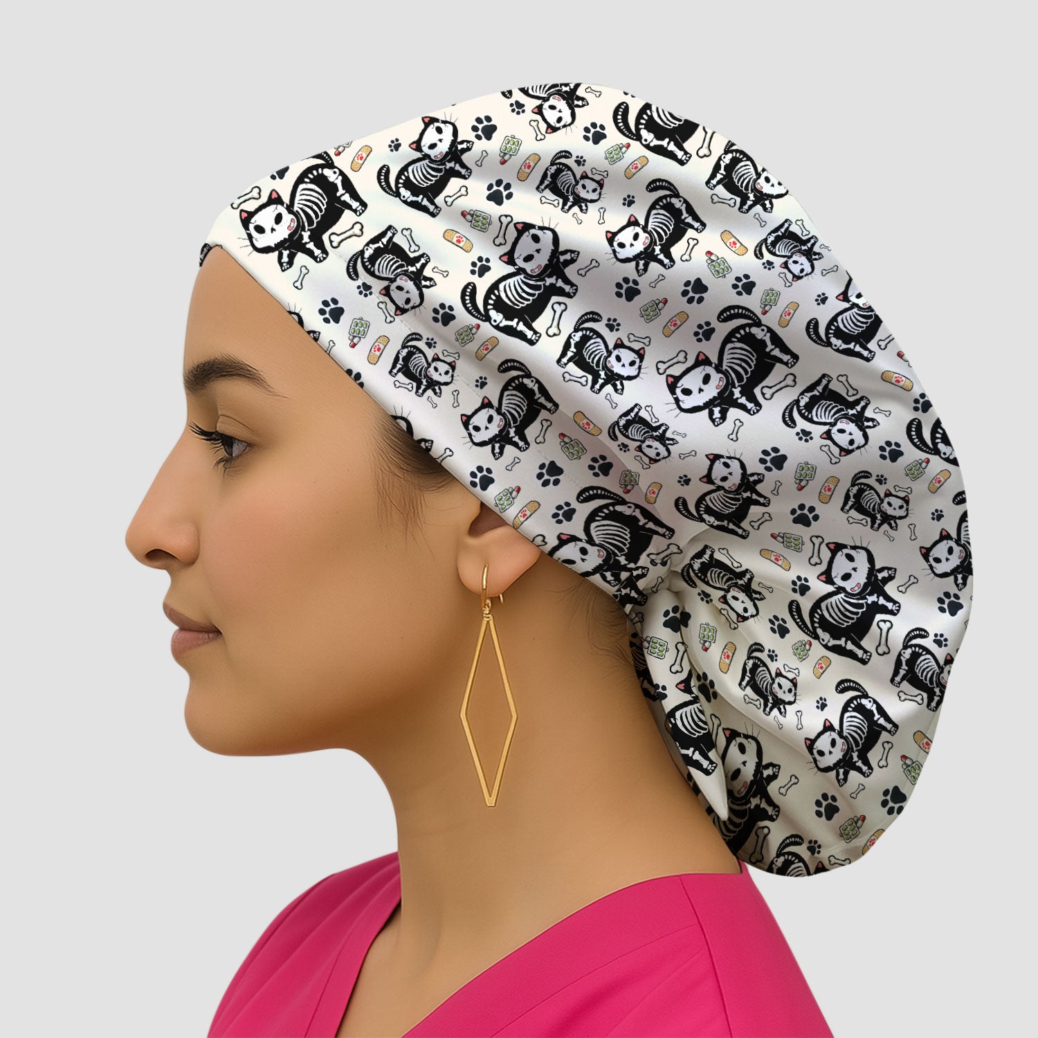Skeleton Cat Medical Pattern Scrub Cap, Surgical Caps for Doctors