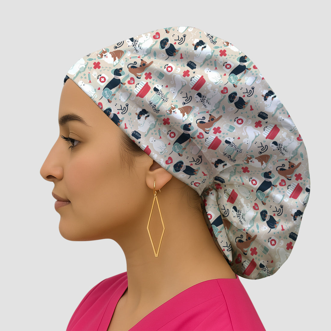 Dogs With Veterinary Tools And Paw Print Scrub Cap, Surgical Caps for Doctors