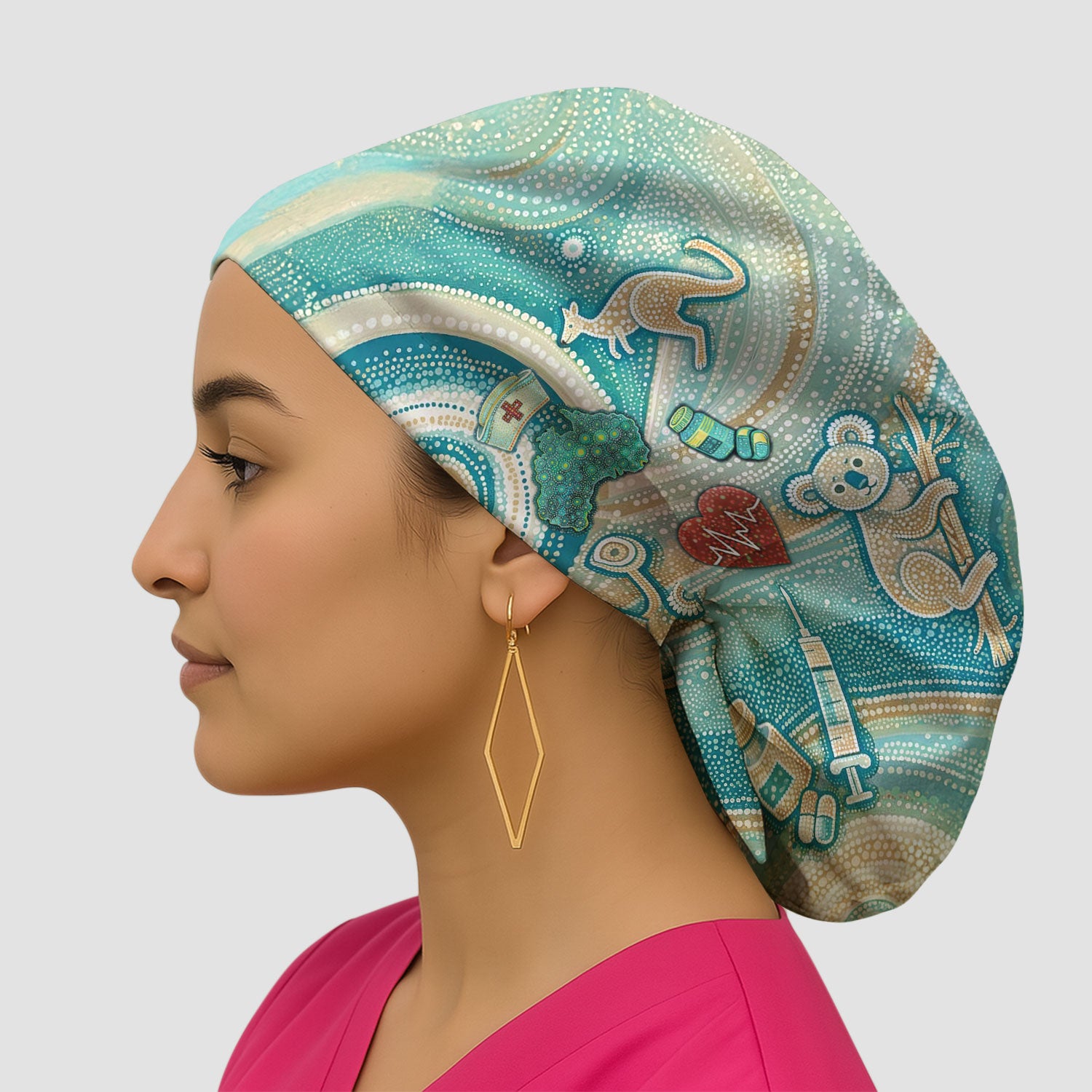 Australian Wildlife Dot Art Inspired Nursing Scrub Caps for Women
