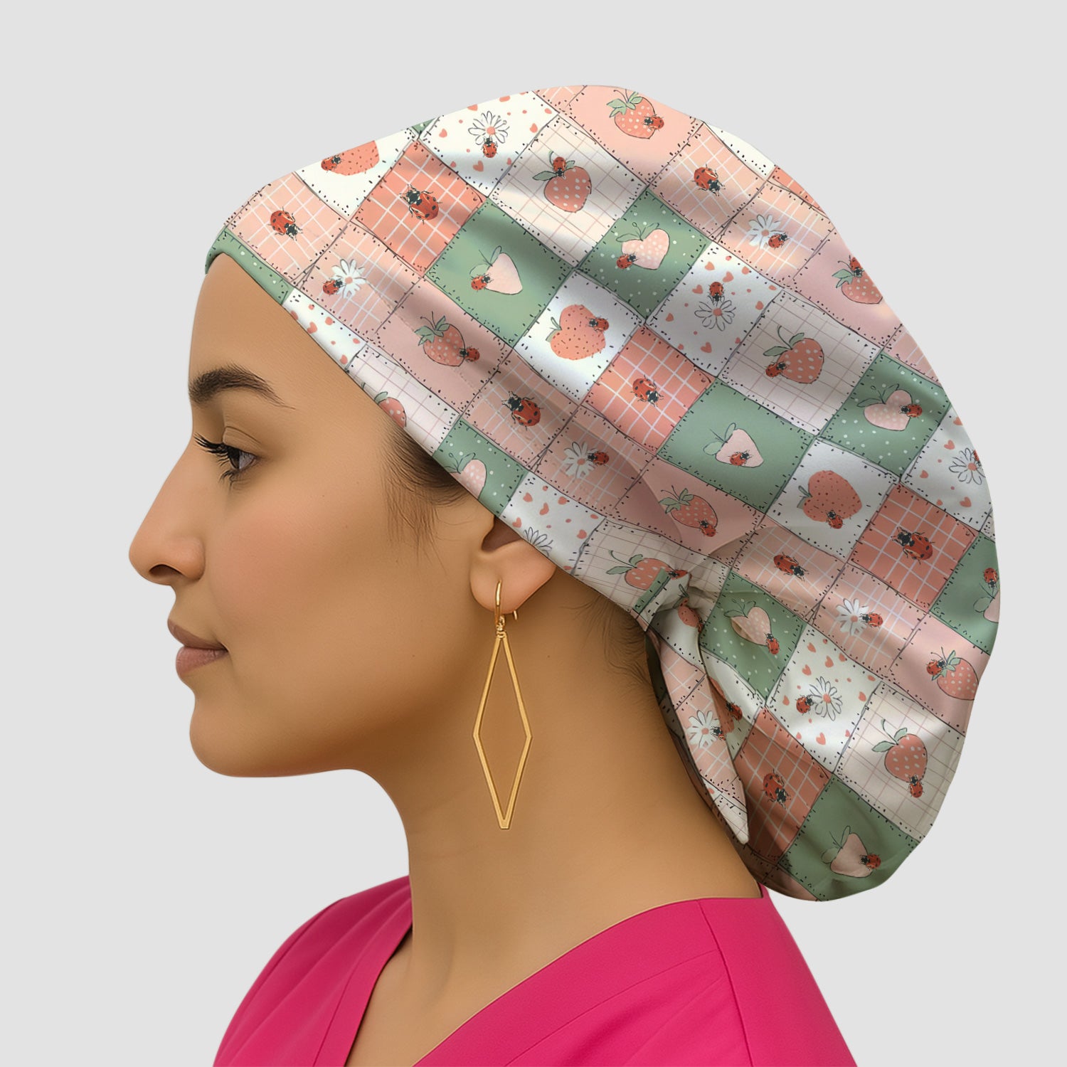 Strawberry Ladybug Patchwork Pattern Scrub Cap, Breathable Fabrics Caps Uniform