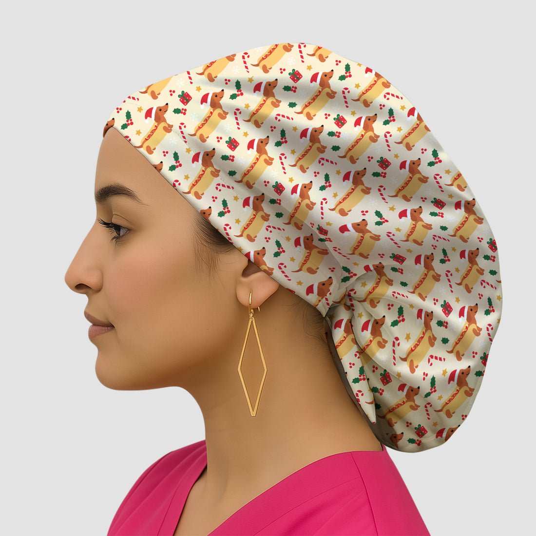 Funny Christmas Dachshund Hot Dog Scrub Cap, Surgical Caps for Doctors
