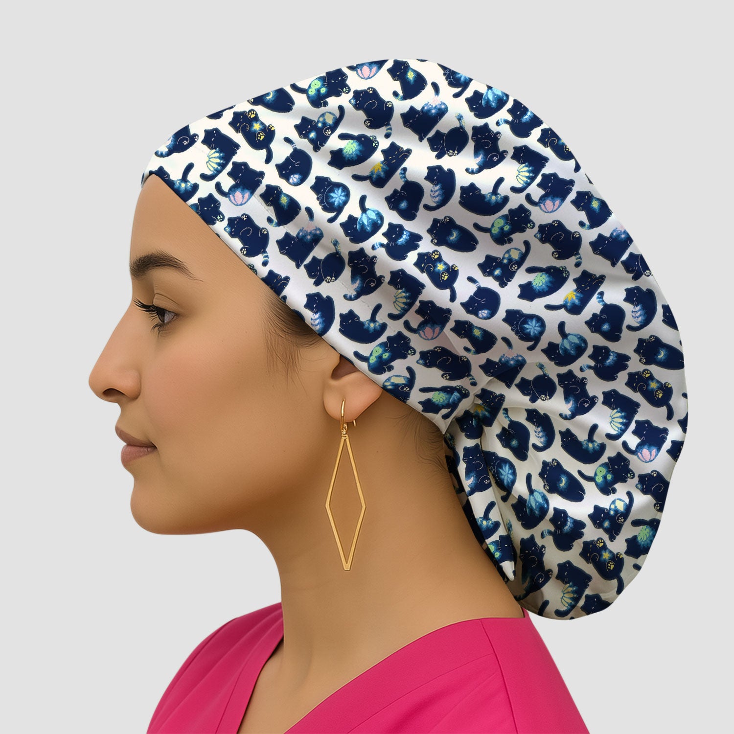 Midnight Cat Scrub Cap, Black Cat Pattern Nurse Hat, Breathable Fabrics Nursing Uniform