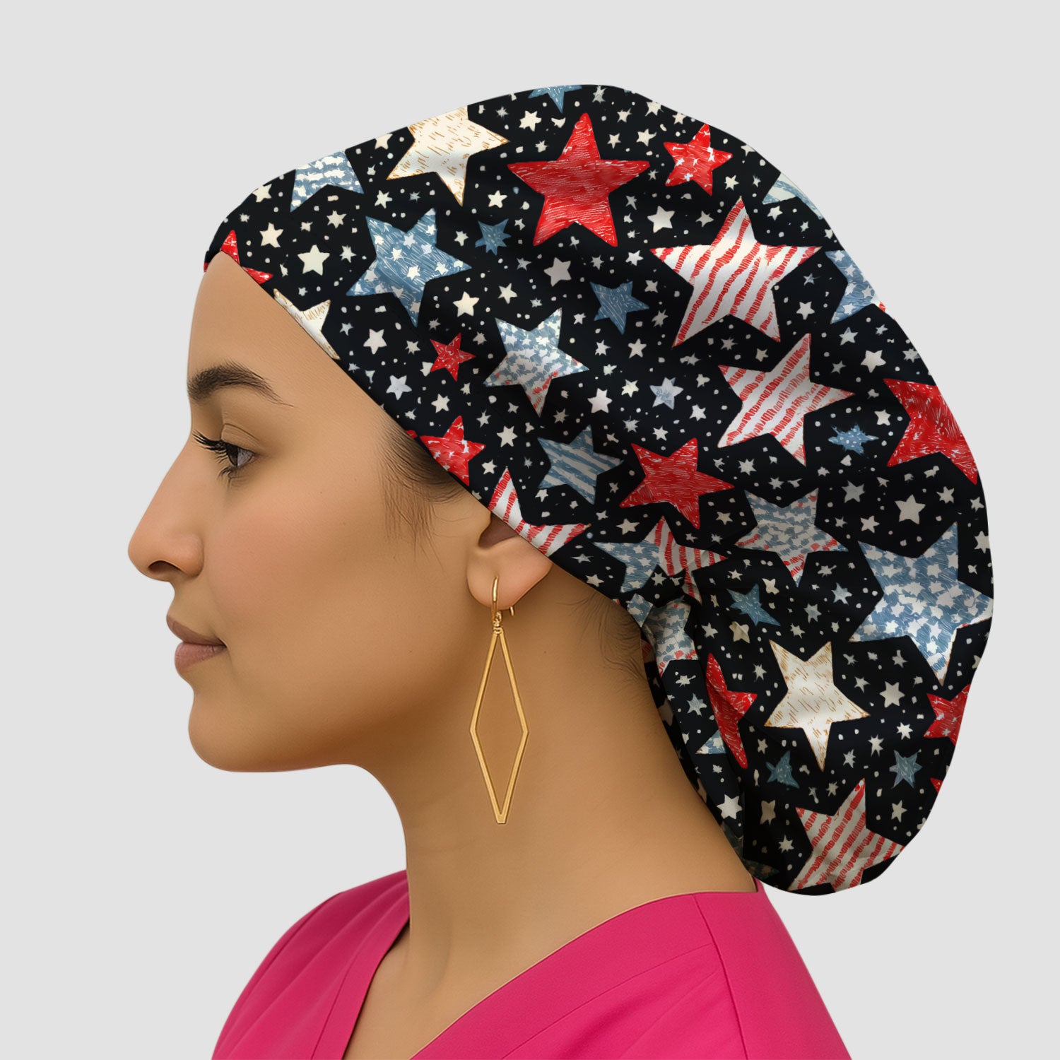 Patriotic Star Pattern Scrub Cap, Breathable Fabrics Caps Uniform