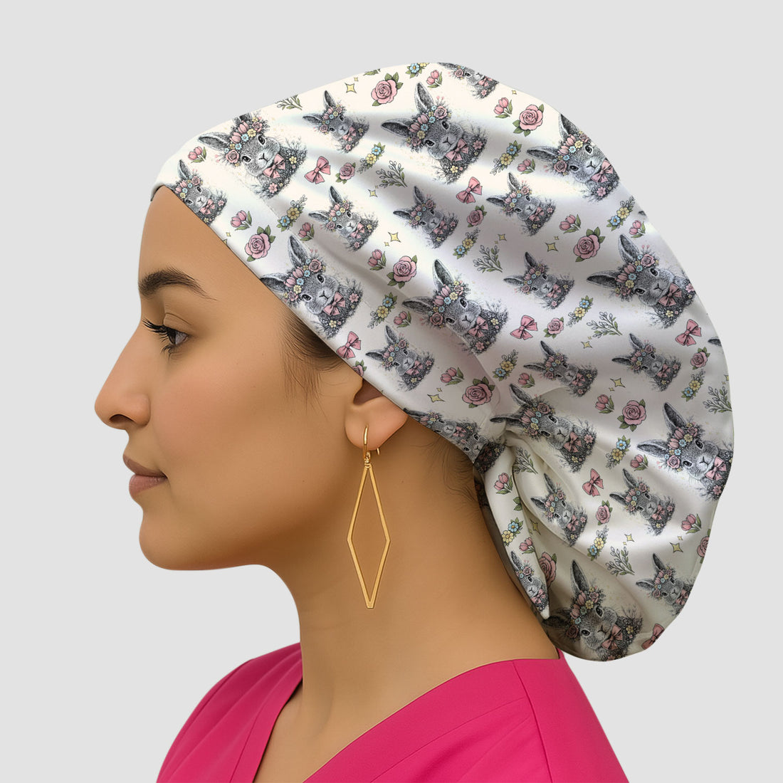 Vintage Floral Bunny Print Cap, Breathable Fabrics Caps Uniform