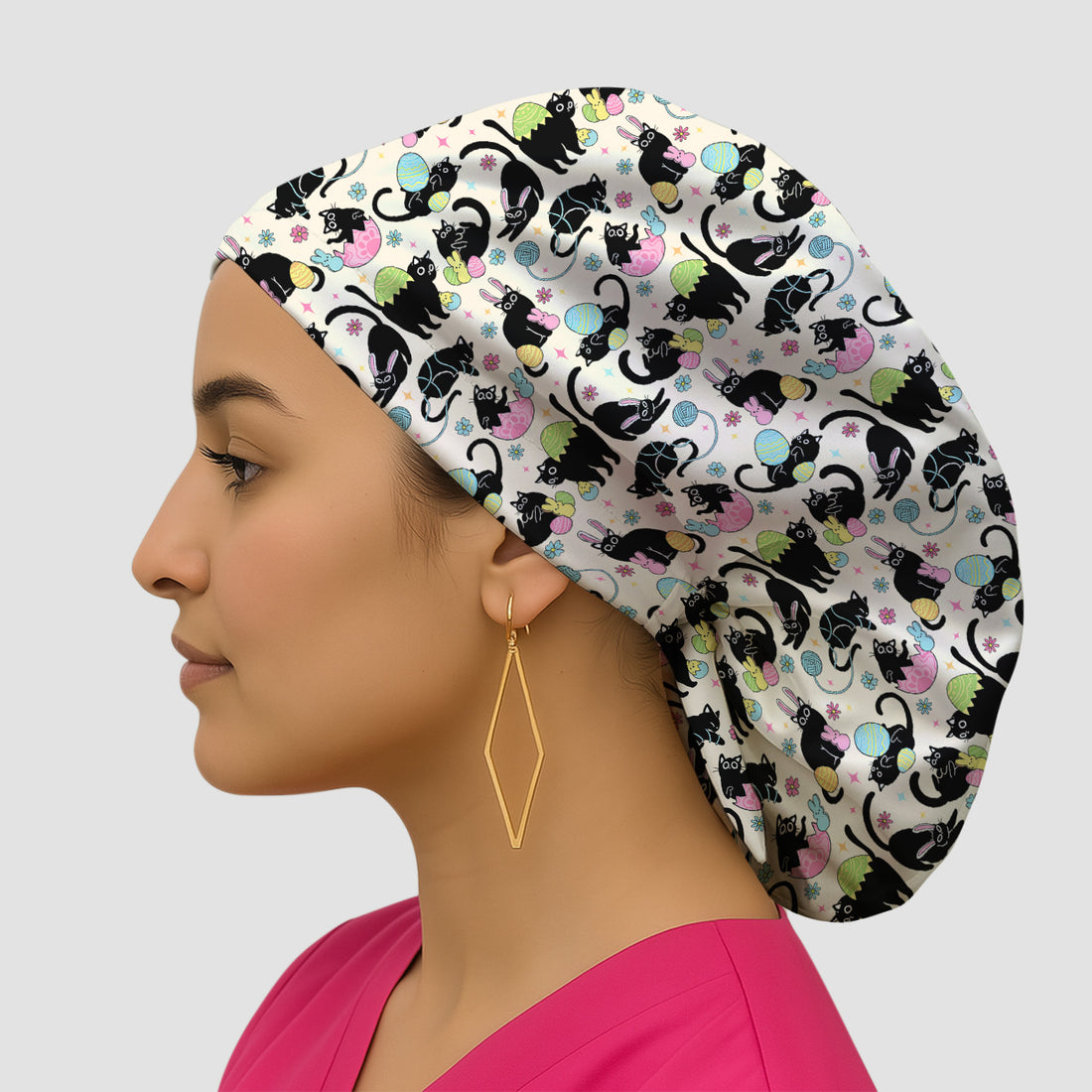 Funny Easter Black Cat Egg Pattern Print Cap, Bouffant Scrub Caps for Women