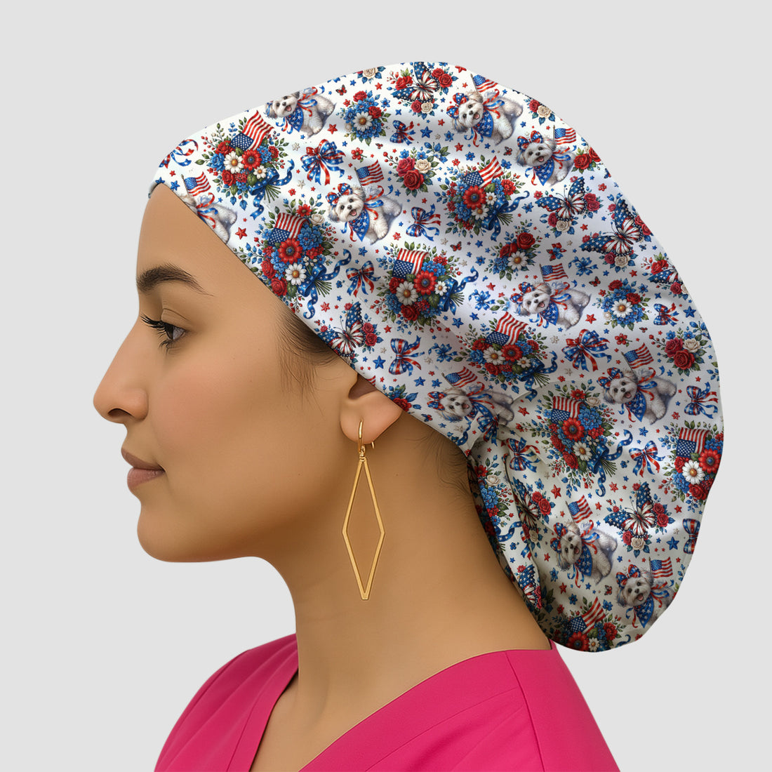 Patriotic Puppy Floral Bouquet Pattern Scrub Cap, Surgical Caps for Doctors