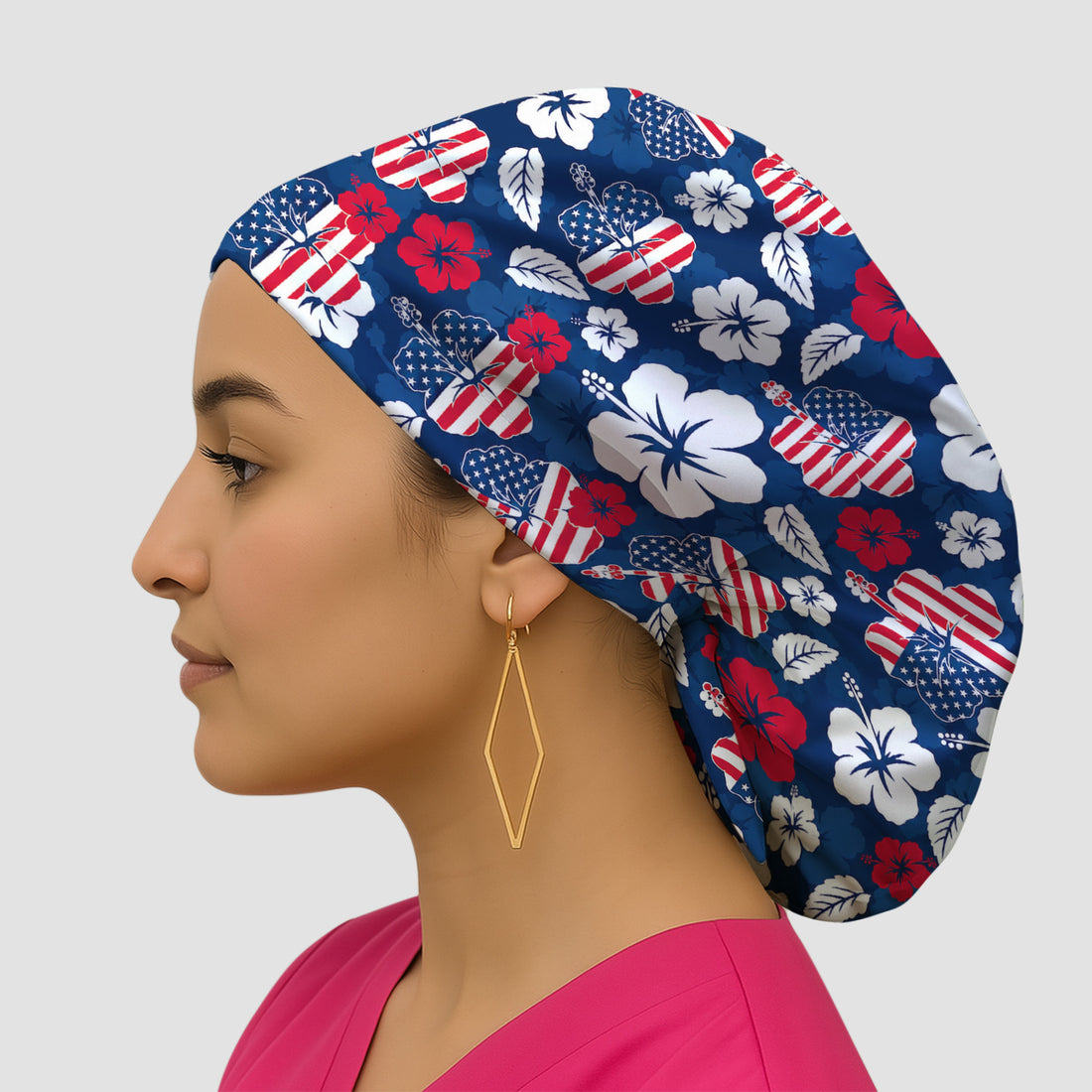 Patriotic Hibiscus Flag Floral Print Scrub Cap, Surgical Caps for Doctors