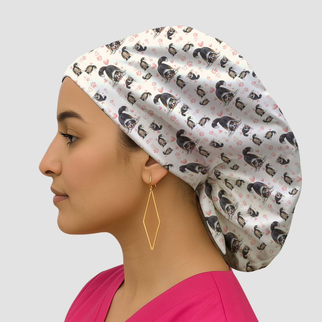 Playful Dog Heart Medical Print Cap, Bouffant Scrub Caps for Women
