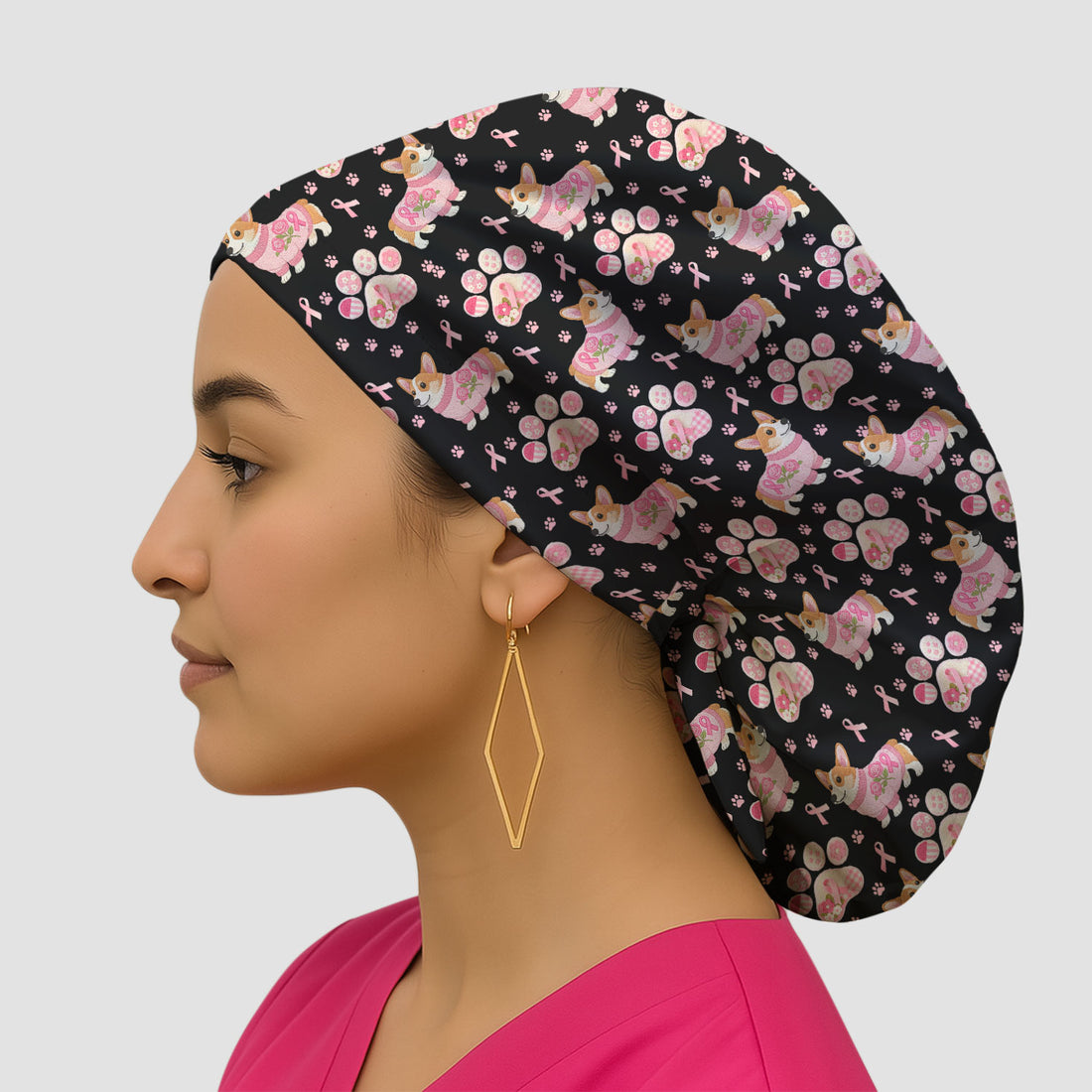 Cute Corgi Breast Cancer Support Nurse Scrub Cap - Pink Ribbon with Dog Paw Print Surgical Hat Multi Color - Pet Bouffant Cap for Women