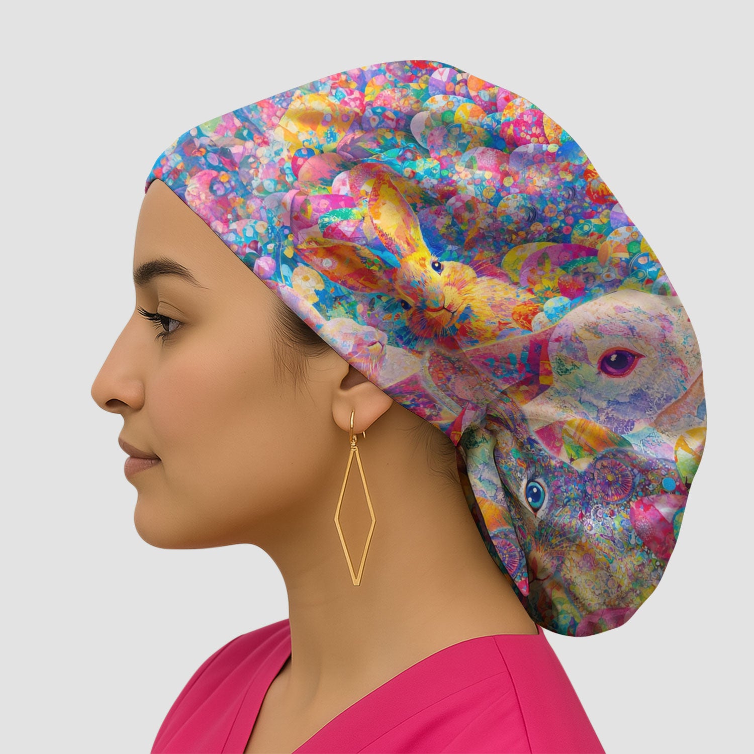 Colorful Artistic Bunny Pattern Scrub Cap, Breathable Fabrics Caps Uniform
