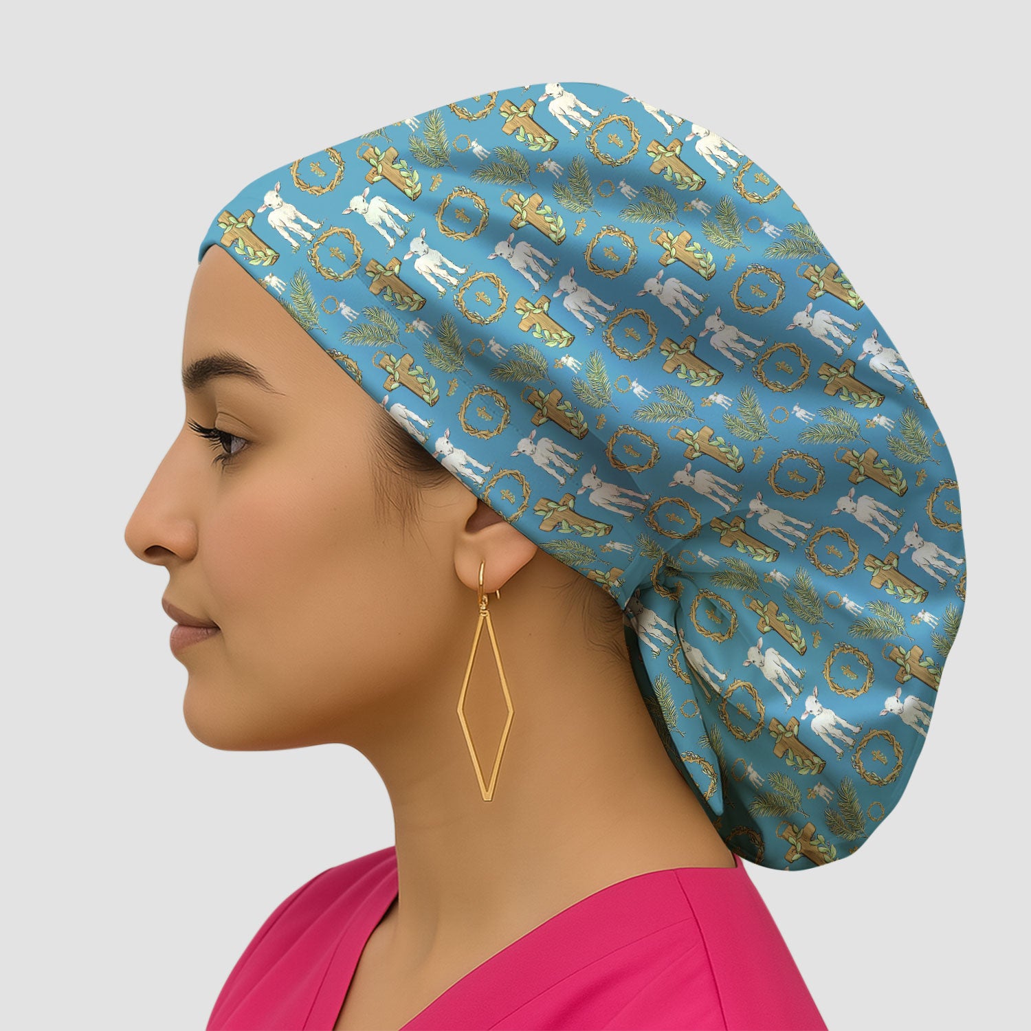Faith Lamb Cross Pattern Scrub Cap, Bouffant Scrub Caps for Women