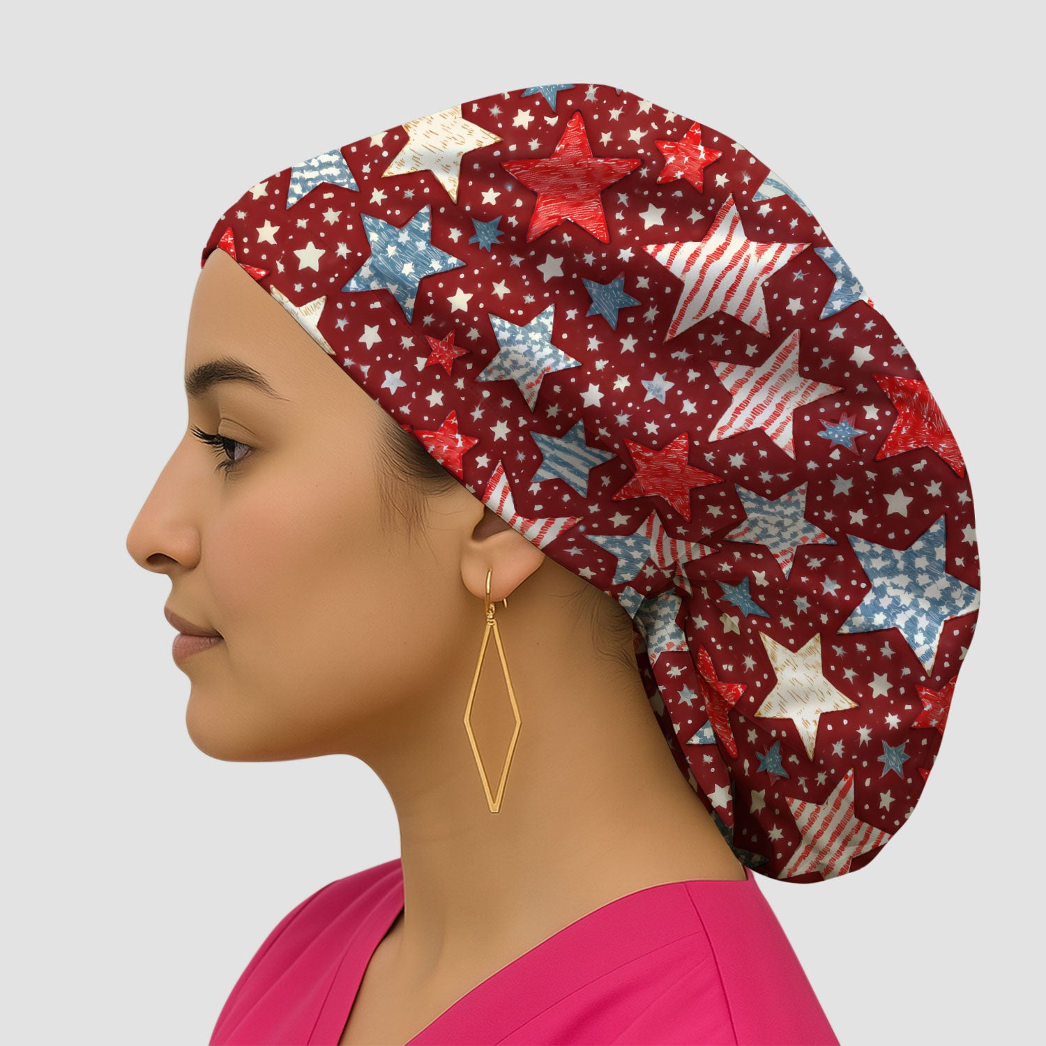 Patriotic Star Pattern Scrub Cap, Breathable Fabrics Caps Uniform