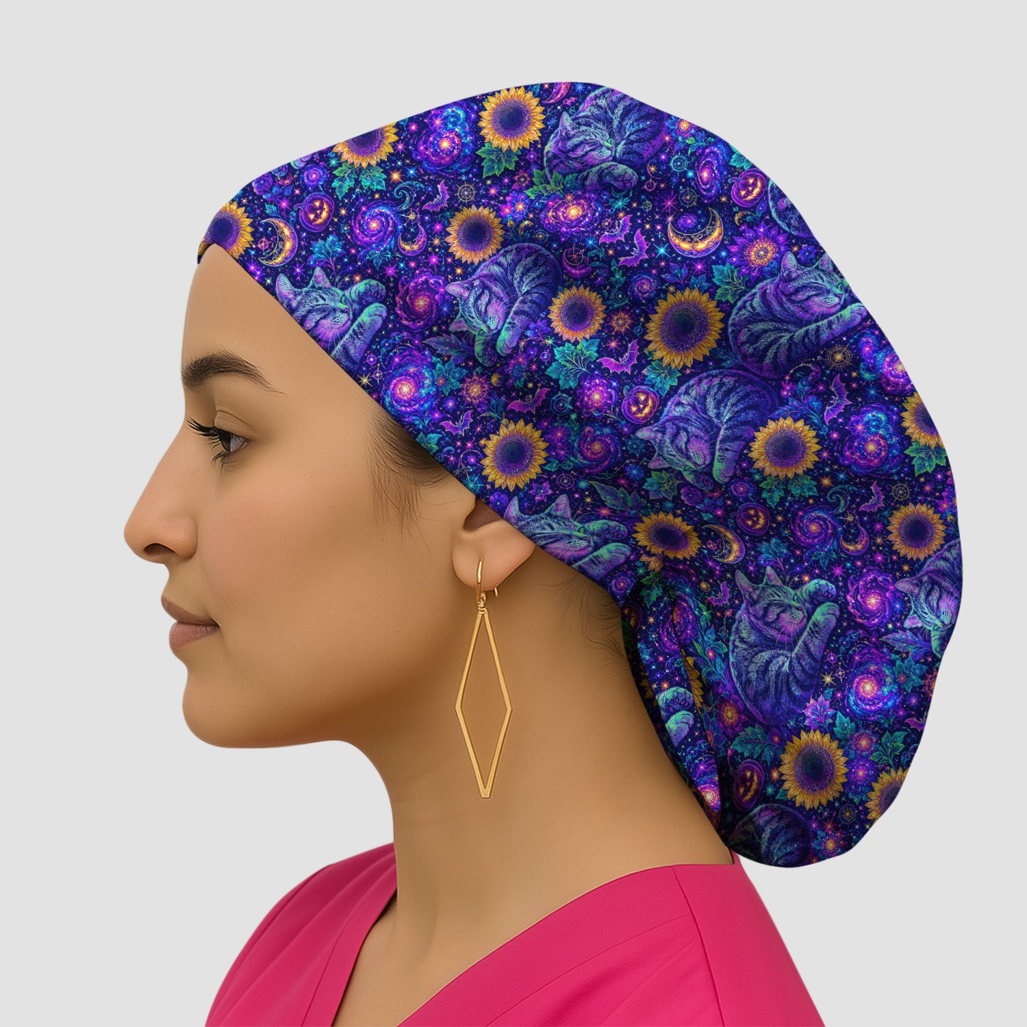 Spooky Galaxy Cat And Sunflowers Scrub Cap, Surgical Caps for Doctors