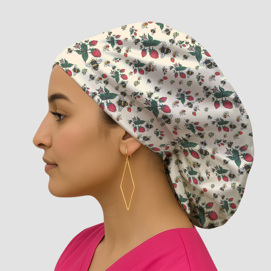 Cute Strawberry Bee Daisy Floral Pattern Scrub Cap, Bouffant Scrub Caps for Women