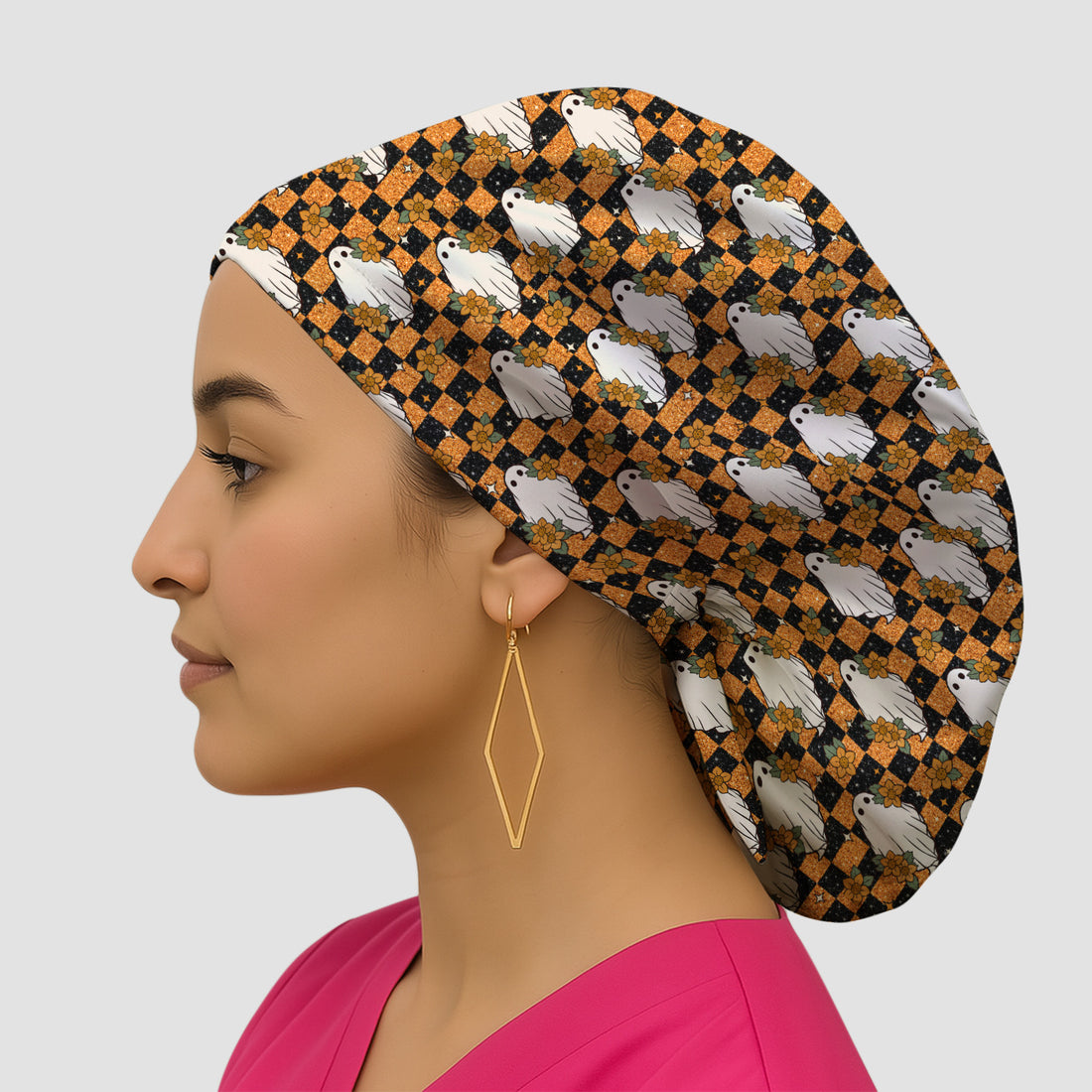 Spooky Halloween Ghost Checkerboard Scrub Cap, Surgical Caps for Doctors