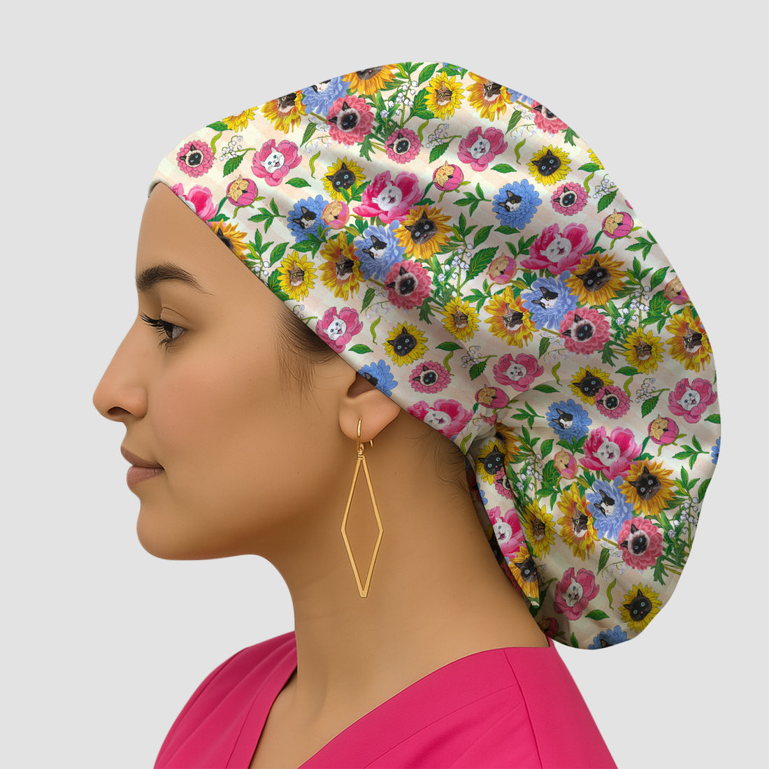 Cat Face Hidden In Colorful Flower Garden Scrub Cap, Surgical Caps for Doctors