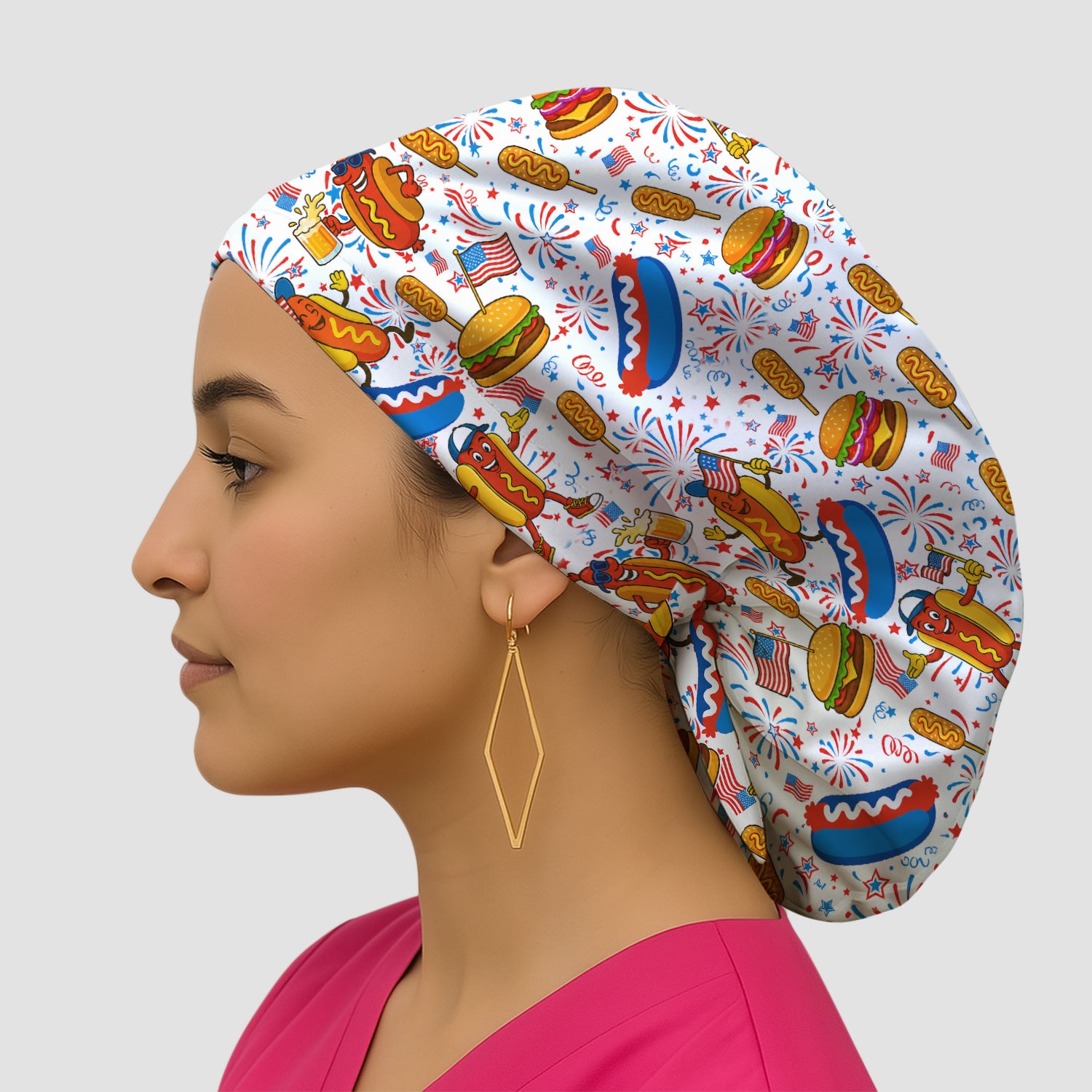 Patriotic Hot Dog Burger Fireworks Scrub Cap, Surgical Caps for Doctors