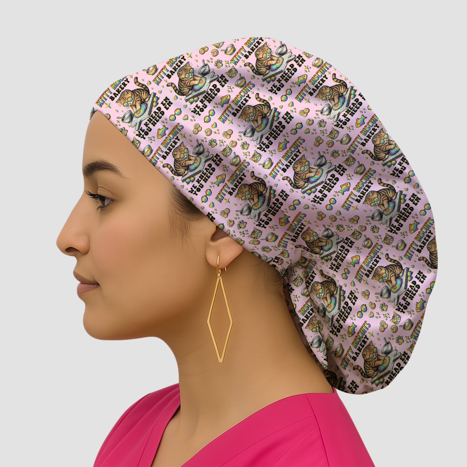 Pride Nurse Cat Baking Rainbow Dough Pattern Cap, Bouffant Scrub Caps for Women